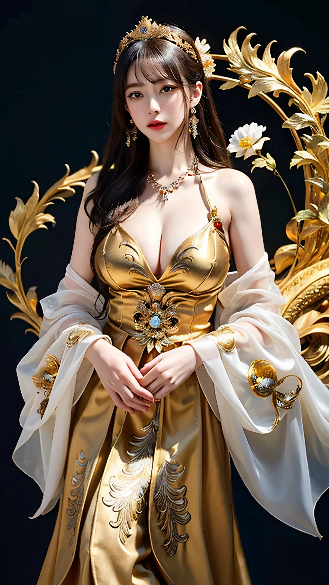 (couple cuddling) rough man Zeus muscular , beautiful, , , cleavage,  legs, see-through, standing, hanfu, wet, clear, realistic, highest detail, Chinese mythology, dragon pattern, phoenix, sacred, holy, golden mountains, heavenly palace, countless palaces, clouds, golden light