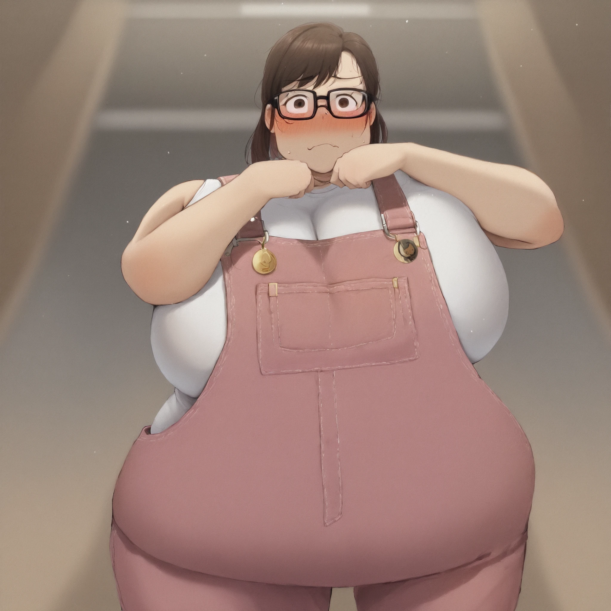 1girl, (fat neck, double chin:1.2) (wearing pink overalls, white tanktop underneath), tight clothes, skindentation, () (embarrassed emotions:1.2), (in a clothes store) (detail face), (embarassed emotions:1.2), (inside a clothing store:1.2) (macromastia:1.3) 1girl, solo, ,1 girl, large square glasses, (), (chubby girl), light beams), extreme details , volumetric lighting, high definition, realistic anime , (extremely detailed face:1.1), fantasy illustration, (breast lift, breast lifting:1.1)
) Best Quality, High resolution, 1girl in,) () Details breasts, Detail pose Detail Face, detail clothes fit, 1girl in, (gigantic heavy saggy breasts) (chubby girl, gigantic breasts), ()(gigantic covered breasts), (), (), , () , perfect lighting, cinematic composition, highly detailed, photorealistic, 8k, best quality , hyperrealisim) defined curves, skin texture, (dynamic pose), (dynamic angle) (full body shot), looking at camera) (low sitting breasts:1.2) (long breasts:1.2), ,