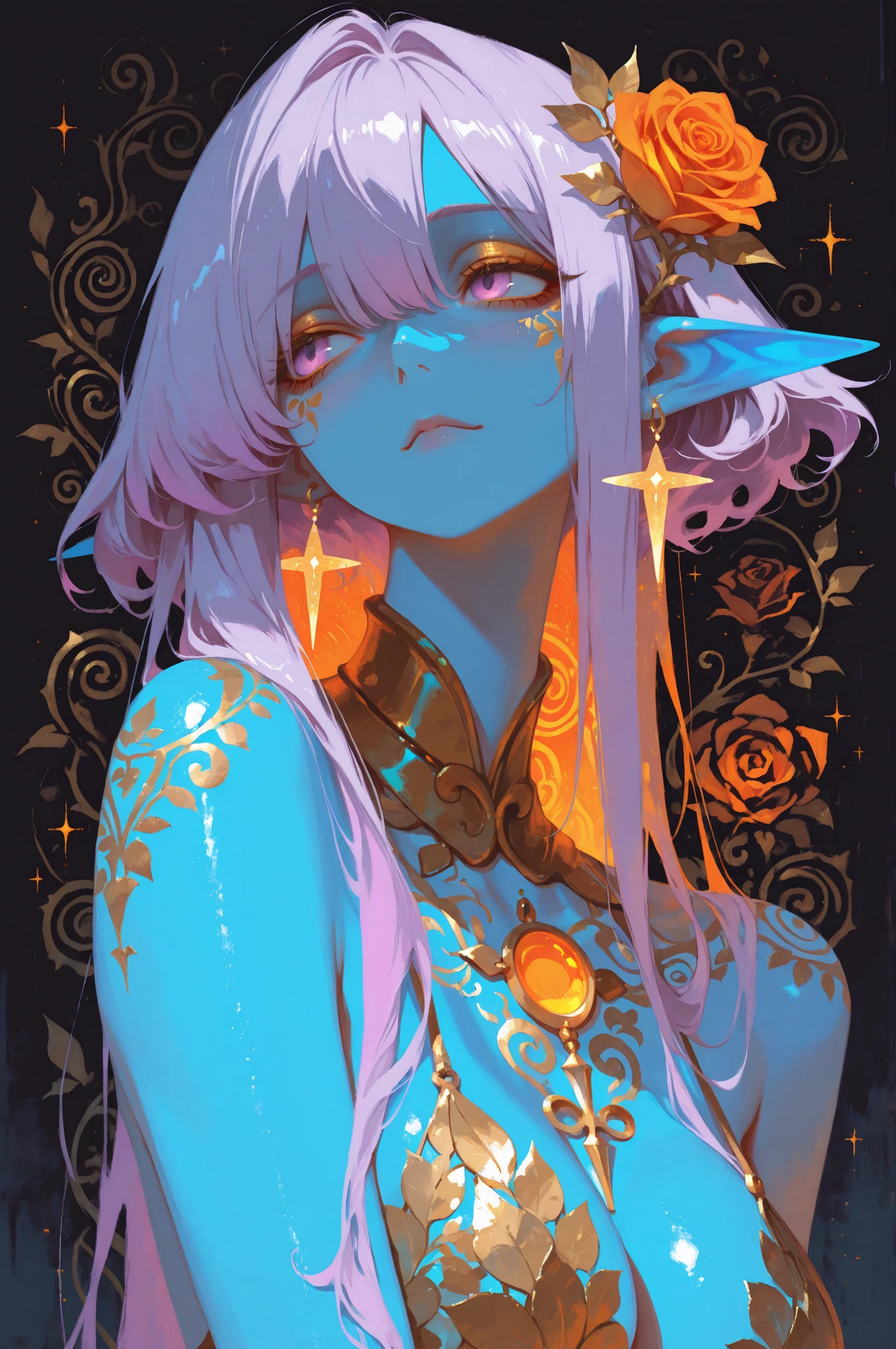 semi realistic, painterly, digital painting, blue skin, ethereal elf girl with long, flowing, light purple hair, wearing a delicate orange and rose-gold adornment in her hair and around her neck. Focus on soft, pastel, and muted colors with a light, whimsical style and detailed,  facial features, emphasizing soft highlights on the skin and hair and intricate, delicate patterns, holographic details, masterpiece, best quality,absurdres