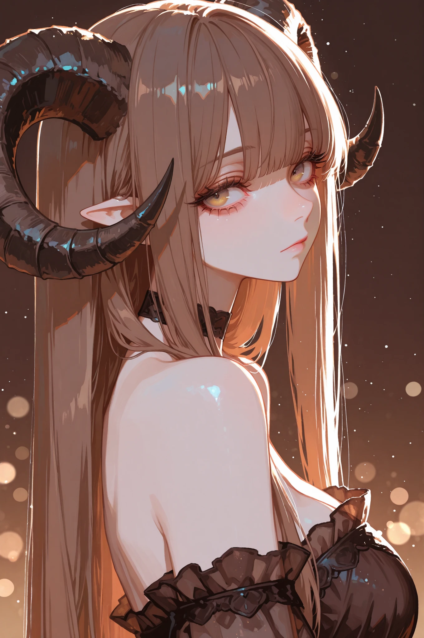 1girl, horns, solo, long hair, pointy ears, looking at viewer, brown hair, bare shoulders, , upper body, sheep horns, , light brown eyes, dress, choker, curled horns, straight hair, breasts,, detached sleeves, , brown dress, nose, from side, , , brown hair, , eyelashes, , see-through, hazel eyes, looking to the side, strapless dress, demon girl, light particles, brown background, bangs, , backlighting, gradient background, bokeh,