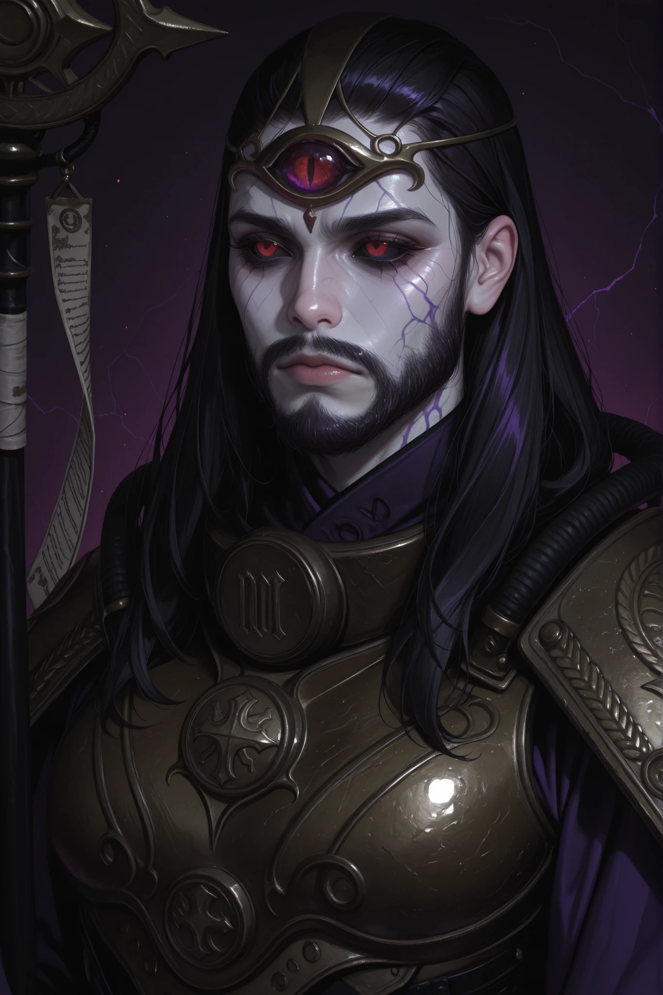 UHD, masterpiece, anatomically correct, super detail, best quality, high-res, 16k, 1man, solo, tall mature man, square jaw, long black hair slicked back, mustache, beard, black sclera, red eyes, third eye, dark and purple color dress, purple veins, golden breastplate, forehead jewel, long sleeves, operator staff, pale skin, serious face, close face image