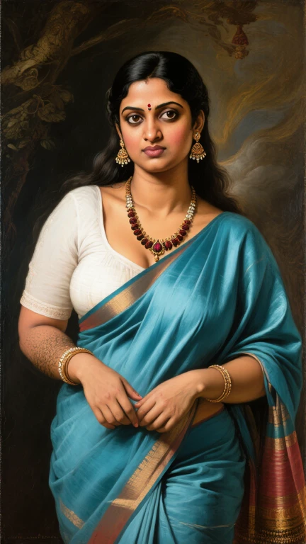 painting of a woman in a sari sitting on a rock beside a river, Shakuntala, urvashi, Apsara, , an oil on canvas painting inspired by Raja Ravi Varma, trending on cg society, figurative art, portrait of a beautiful goddess, indian art, painting of beautiful, a stunning portrait of a goddess, traditional beauty, indian goddess, portrait of a goddess, szukalski ravi varma, gorgeous woman, She didn't like to wear  or blouse, only sari without blouse gives her comfort, traditional sari without blouse, 
