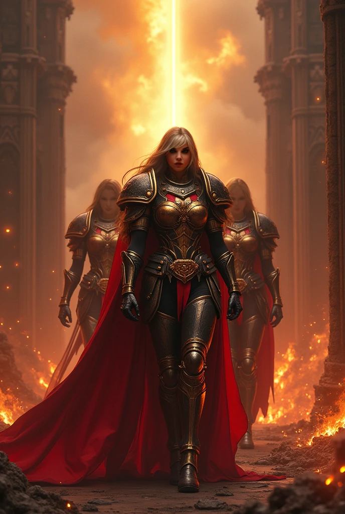 wonder woman with red pupils, long reddish white hair, evil expression, corrupted by evil, dressed in beautiful black armor with silver patterns all over the armor, exuding a silver glow, In the background, a destroyed and burning medieval castle
