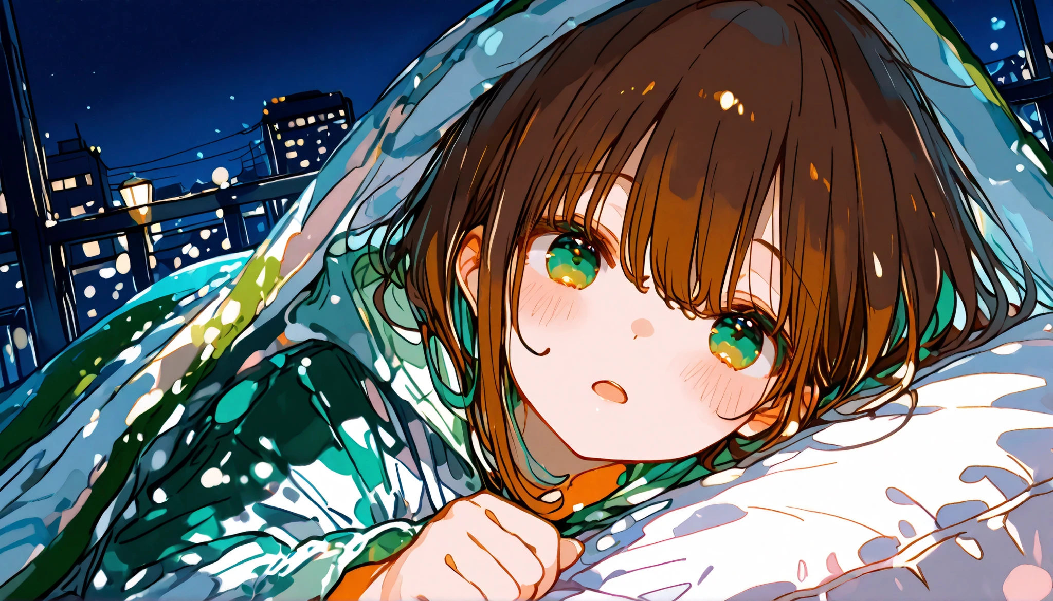 Masterpiece, ((POV chilling with Girlfriend)), best quality, ultra detailed, solo young female teenager, short brown hair, lying on side, head facing up, looking at viewer, dressed, pajama, half body covered by blanket, ((OPEN eyes looking at viewer)), half-open mouth, night time, smooth little light in the dark ambient, soft navy blue and green dominant color, simplefied style, digital illustration, pixiv, flat coloring, pastel color, 16:9 composition, filling frame