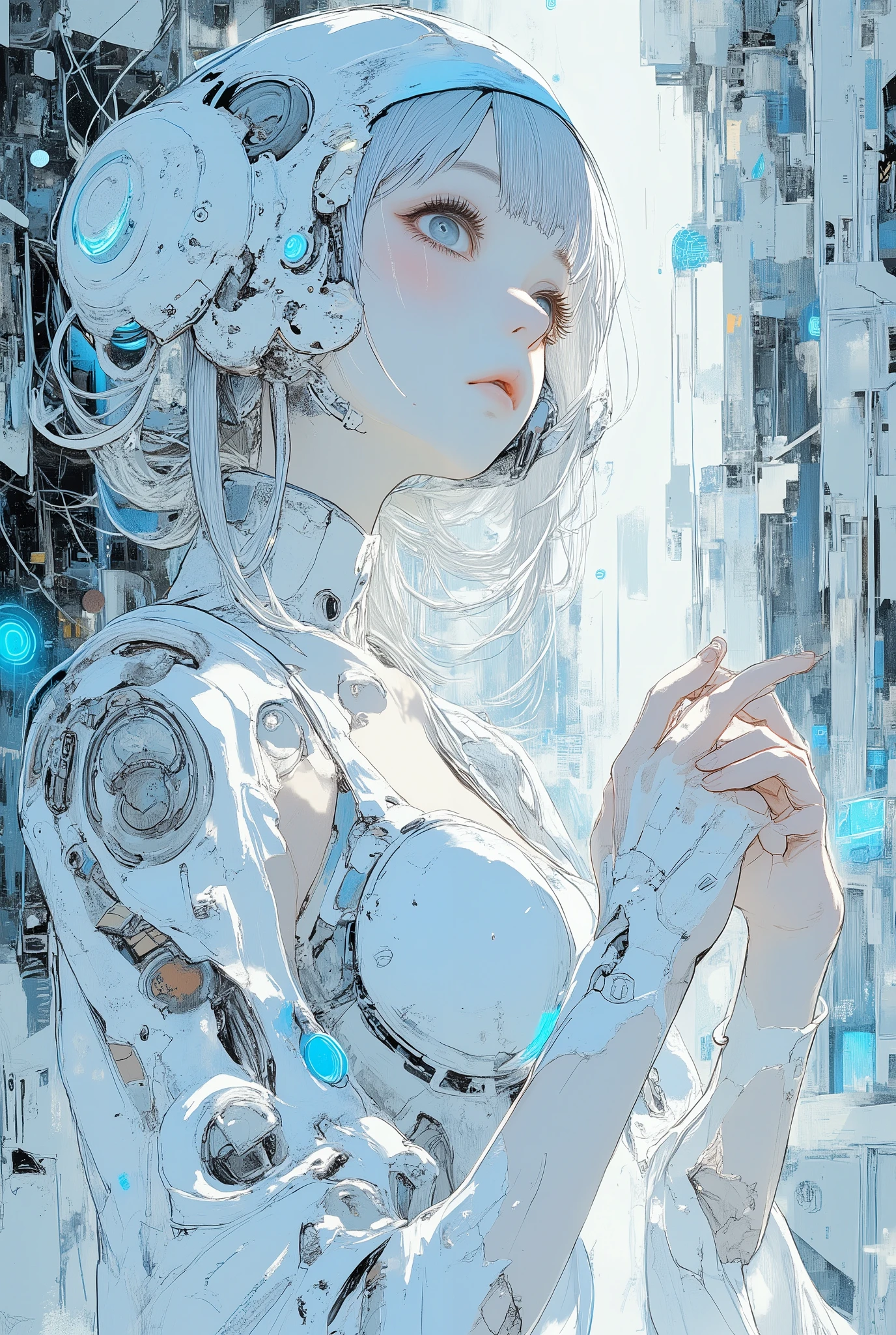 cinematic angle, sideways、young women join hands, 20 years old, light blue-gray hair, bang, Twin Tails, Cute expression, White Futuristic Costume, futuristic background , High fines, sex, professional art, beautiful color, realistic lighting, High Quality, 4K, Photo details , Serious studio lighting, bokeh effect 、 High Detailed RAW Color Art, High Contrast Line Break 1 Girl, space服、space、台無しになったspaceステーション、helmet、Broken Machine、広がるspace、space服を着てspaceを漂う少女、衛星軌道上の放棄されたspaceステーションを見る、Near Future Swimsuit .plagiarism