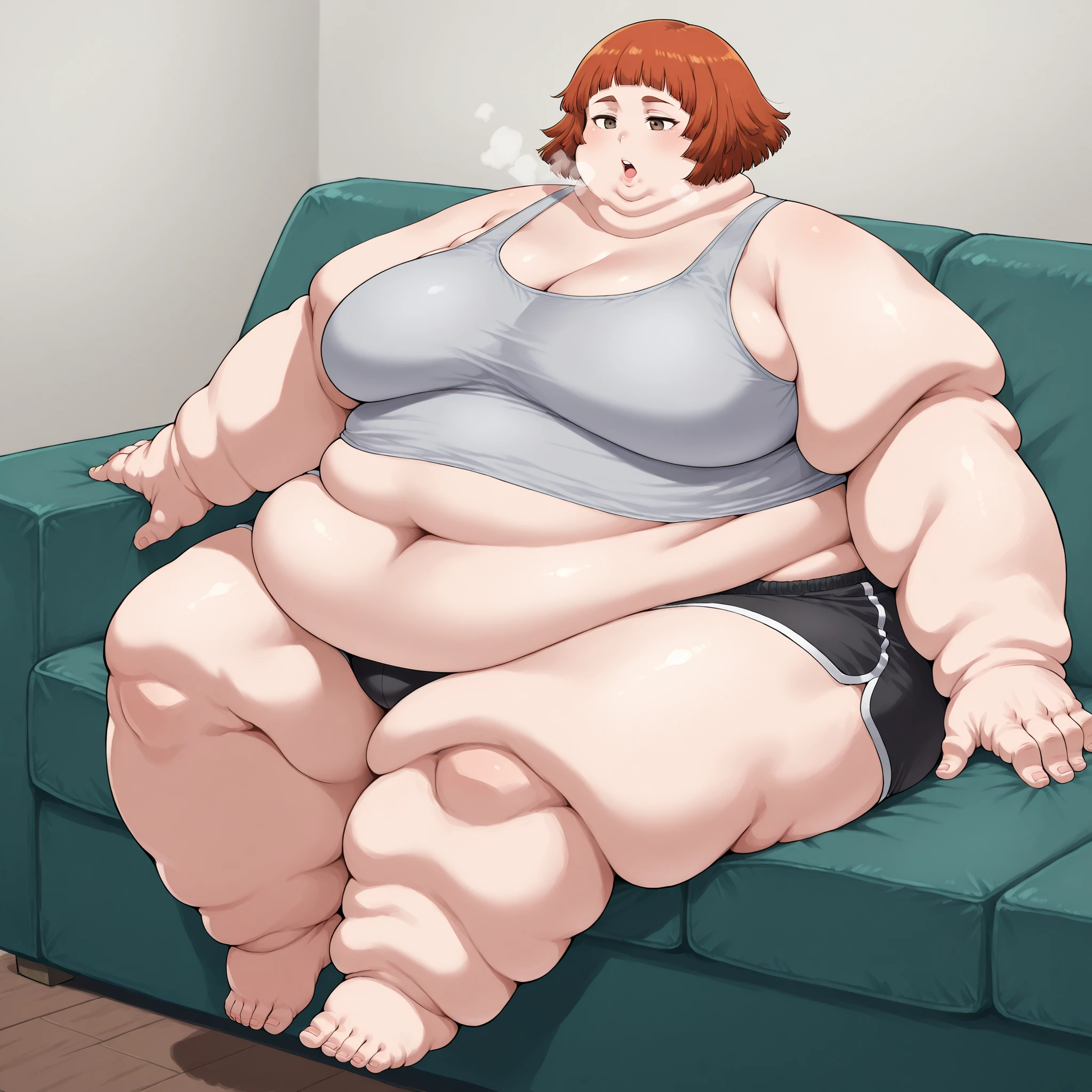 mari ishida \(solo leveling\), burnt orange hair, short hair, bangs, brown eyes, large breasts, 1girl, solo, tank top, midriff, dolphin shorts, sitting on couch, fat, chubby, obese, fat neck, multiple chins, big breasts open mouth, out of breath, Larger female, full body shot, only head, large head, oversized limbs, large hands, large feet, oversized feet, oversized fingers, big lips, plump lips, fat face, fupa, big fupa, fat fupa, 