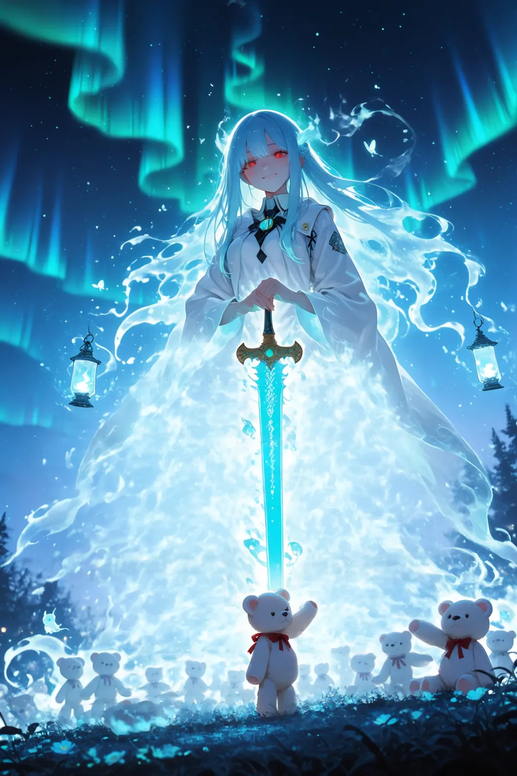 pink hair,  Braided Hair,Sophisticated Nanyan,Gentle red eyes, smooth and soft skin,  red plaid scarf , Background,(masterpiece, Highest Quality:1.2),  cute white teddy bear,anime style, cinematic lighting, autumn sunset, pink-haired girl “Iroha” with soft wavy shoulder-length hair tied with a black ribbon, gentle red eyes, wearing a white cloak and black inner dress, holding a white teddy bear “Yuri” with red ribbon around its neck and small button eyes. She stands on a rocky cliff above a glowing golden valley, holding a ceremonial silver sword reflecting sunset light. maple leaves fluttering, soft wind, atmosphere of melancholy and hope, painterly style, high detail, warm golden tone.