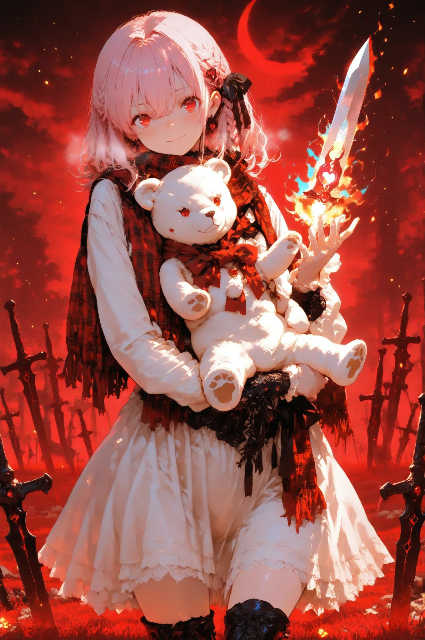 pink hair,  Braided Hair,Sophisticated Nanyan,Gentle red eyes, smooth and soft skin,  red plaid scarf , Background,(masterpiece, Highest Quality:1.2),  cute white teddy bear,anime style, cinematic lighting, autumn sunset, pink-haired girl “Iroha” with soft wavy shoulder-length hair tied with a black ribbon, gentle red eyes, wearing a white cloak and black inner dress, holding a white teddy bear “Yuri” with red ribbon around its neck and small button eyes. She stands on a rocky cliff above a glowing golden valley, holding a ceremonial silver sword reflecting sunset light. maple leaves fluttering, soft wind, atmosphere of melancholy and hope, painterly style, high detail, warm golden tone.