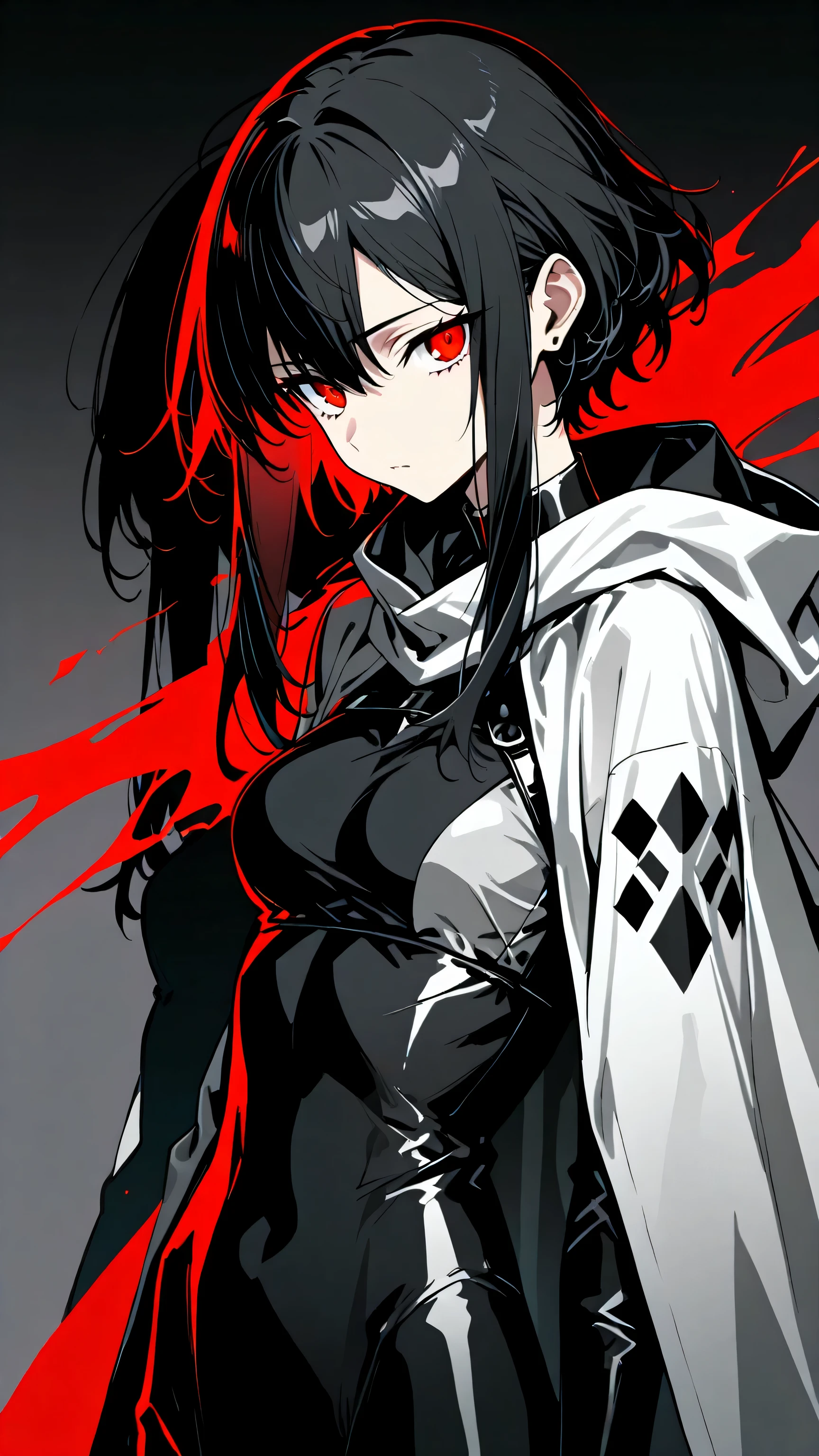 ((masterpiece , best quality , amazing quality , hyper-detailed)) , (absurd , very aesthetic),(split-color background: left side dark black, right side dark grey, intense atmospheric contrast, colored mist, cinematic shadows, blending at center), sexy girl, (detalied red eyes:1.2),  beauty, black bob hairstyle, short hair with long locks, white cloak, skinny, tattoo sleeve, dramatic lighting, beautiful eyes ,  Japanese aesthetic, shadow play on face, mysterious dark atmosphere, medium breast, roundnatural breasts, high contrast, background dark,  1 girl,  Artistic Portraits, close up