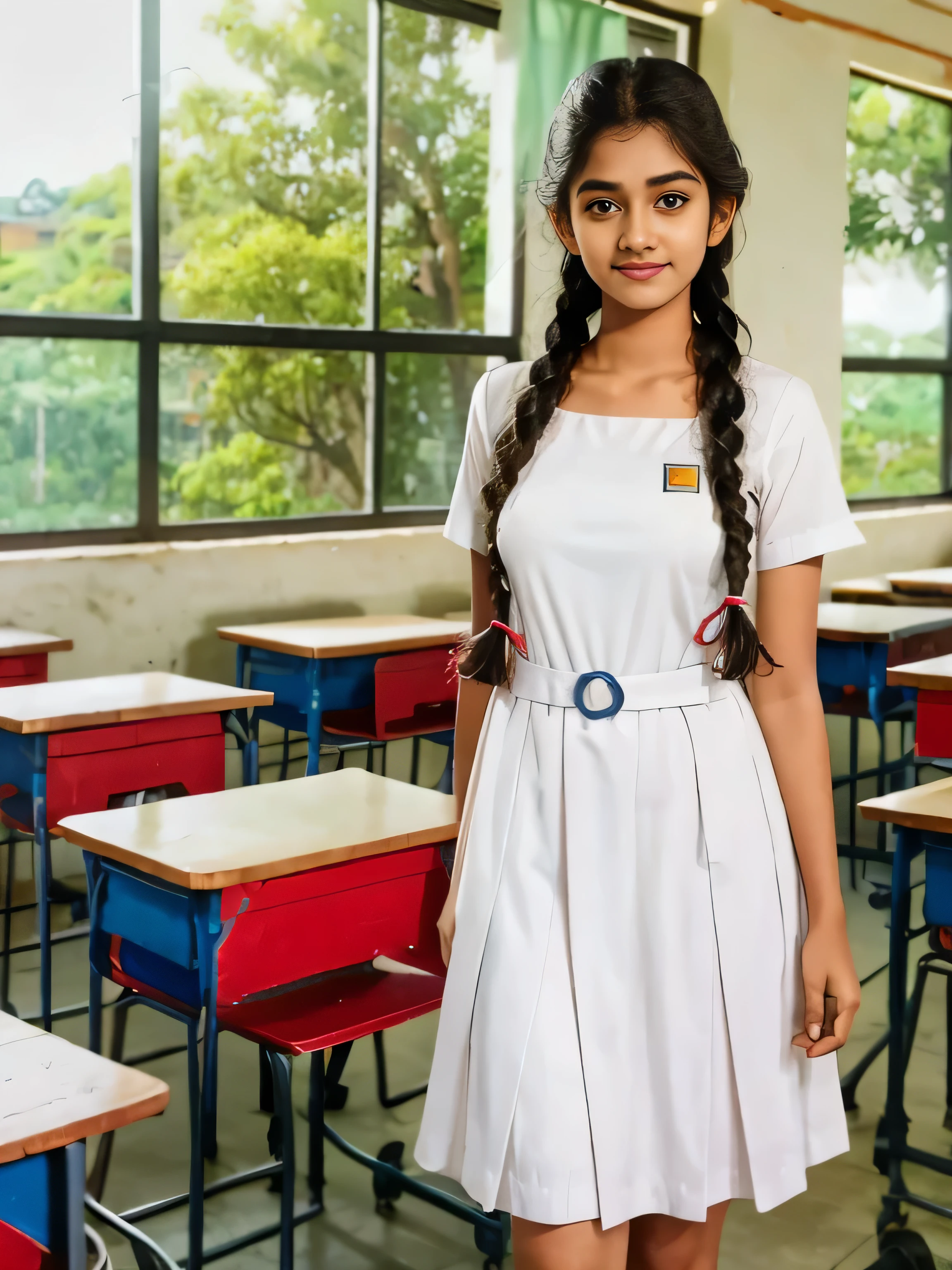 a beautiful sri lankan teen school girl, with twin braids hair, wearing white frock, black shoes, white socks, standing in the classroom, photorealistic, ultra-detailed, 8k, high quality, hyper realistic, masterpiece, realistic lighting, professional photography, radiant skin, intricate details, Raw photo, beautiful sri lanka teen school girl, with twin braids hair, wearing white frock , black shoes, white socks, big breasts , standing in the classroom, professional photographer, (hdr:1.4), masterpiece, ultra-realistic 8k, perfect artwork, intricate details, cute face, award winning photograph, (Best quality, 8k, 32k, Masterpiece, UHD:1.3)