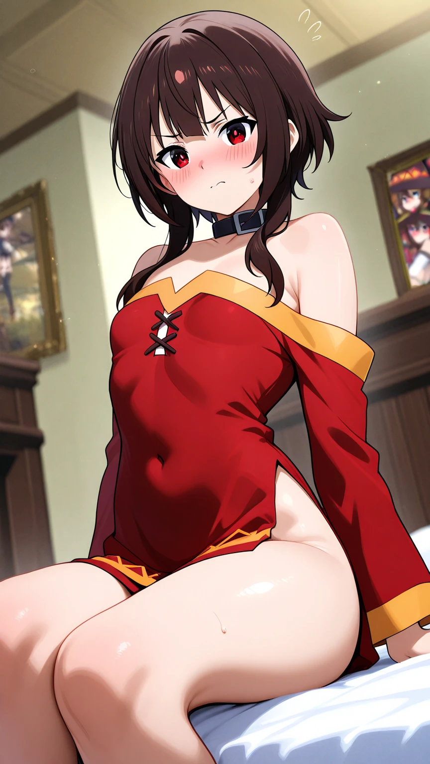(masterpiece, best quality:1.2), cowboy shot, solo, 1girl, cinder fall wearing a red dress black shorts and thigh high boots, evil smile, looking at viewer, long hair, red dress, elbow gloves, in busy nightclub, ( bulge:1.3),