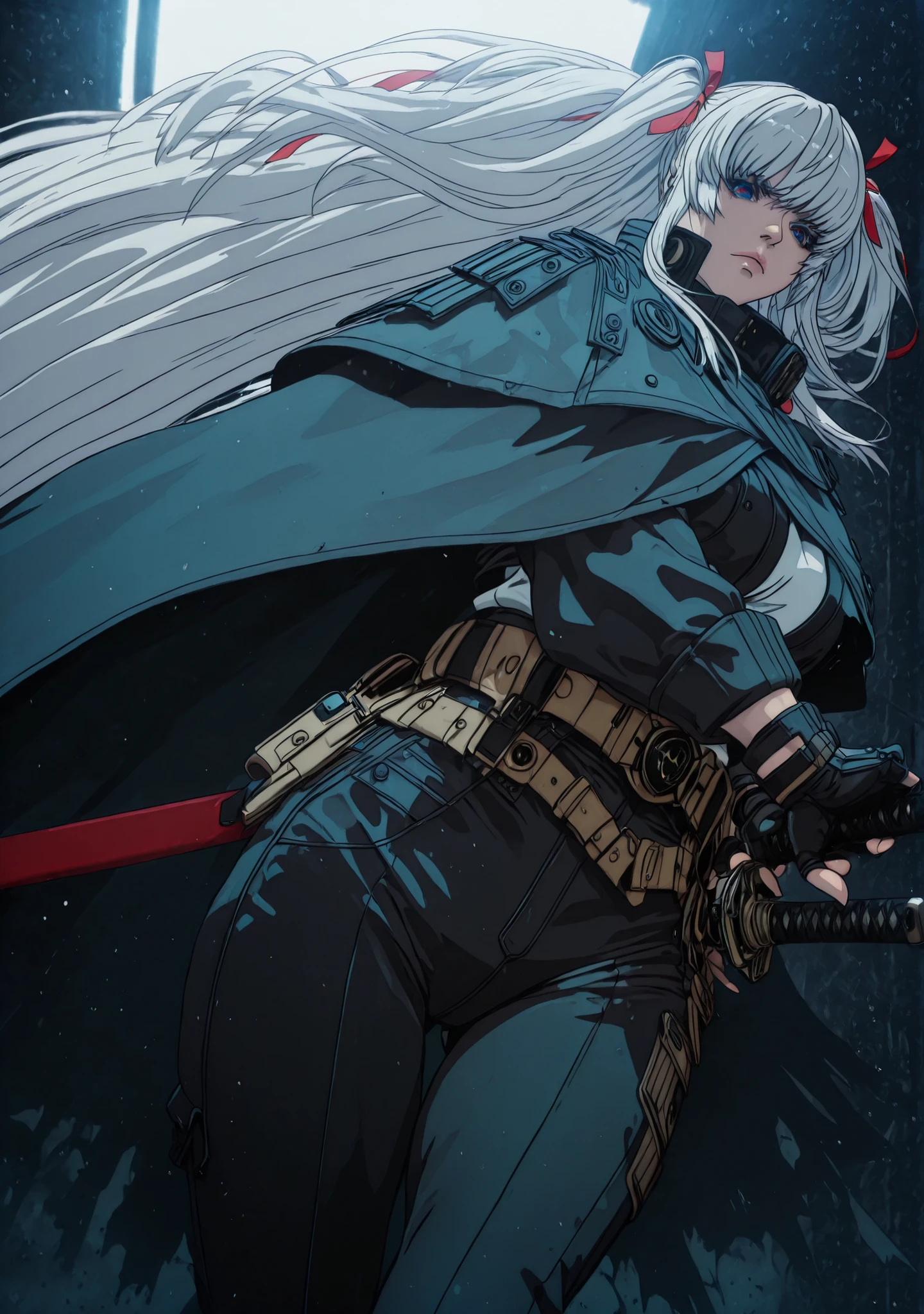 Ggstduel, L_Cation2, Babu-style, Hgk, (jeneral-style:1.2), (suou-sensei-style:1.4), (saintshiro-style:1.2), (imizu_(nitro_unknown)-style:1.3), (anime coloring, anime screencap), shiny skin, Hand drawn, cinematic, Sharp focus, humorous illustration, big depth of field, Masterpiece, concept art, trending on artstation, Vivid colors, Simplified style, trending on ArtStation, trending on CGSociety, Intricate, Vibrant colors, Soft Shading, Simplistic Features, Sharp Angles, Playful, (voluptuous body:1.4), (mature female:1.4), (cellulite:1.3), ((anatomical correct)), perfect body, perfect eyes, perfect fingers, gasping, heavy breathing, gasping profusely, ((skindentation)), ((curvy, thigh gap)), white hair, absurdly long hair, sidelocks, two side up, hair ribbon, multicolored eyes, bangs, ((square pupils, big pupils)), plump, BREAK, 1girl, solo, weapon, sword, sheath, shirt, pants, cape, white_shirt, holding_sword, holding_weapon, ribbon, holding, looking_at_viewer, belt, katana, glaring, cloak, sheathed, black_pants, wide-eyes, looking down, shaded face, long_sleeves, ((dusty, aura))