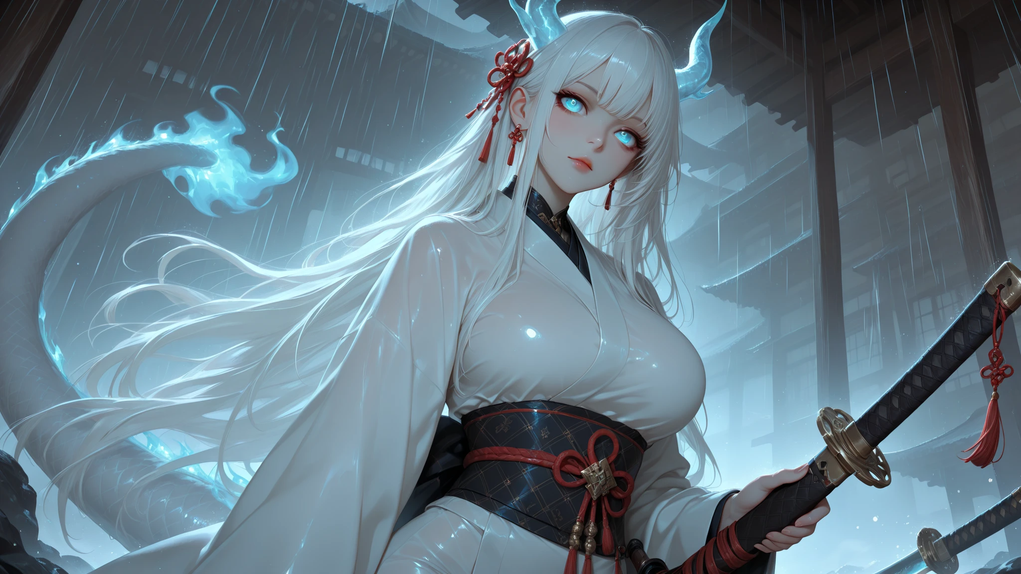 Masterpiece,best quality,a girl,solo,absurdres,
a girl,weapons,Sword,blue-eyed,solo, horn ,japanese style clothes,kimono, Tail  ,katana,pony Tail  ,white hair,looks at the viewer,rain,bangs,Hair jewelry,glowing,sash,dragon girl,long sleeves,hoa in,dragon  Tail  ,mouth closed,obi ,blue fire,long hair,dragon  horn , wide sleeves ,
upper body, huge 