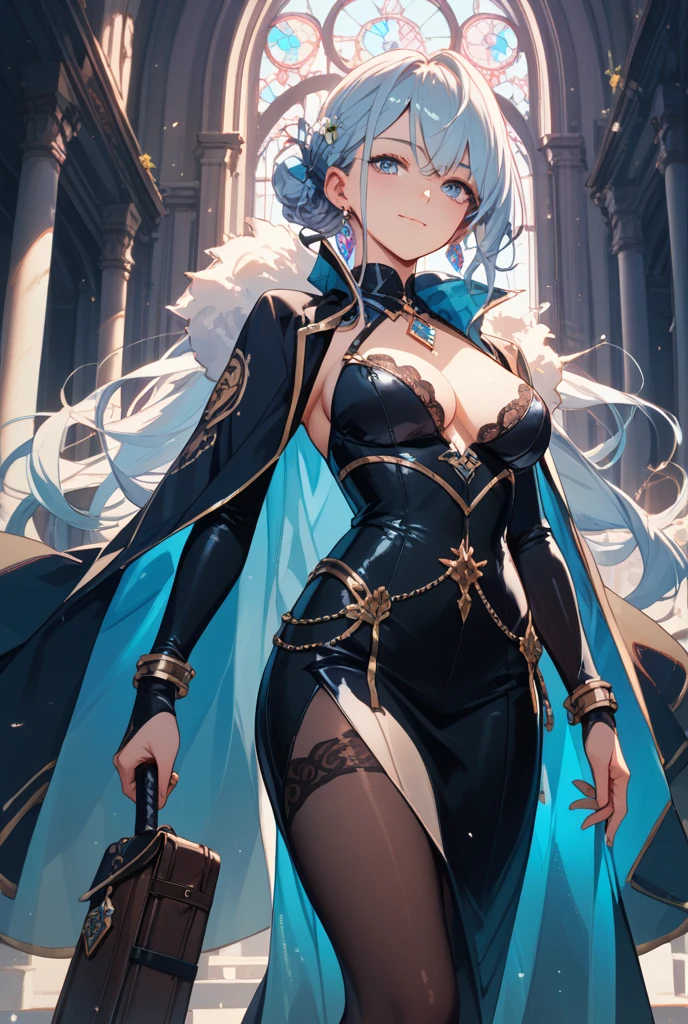 super high quality, with a girl, 20-year-old, very short hair, long bangs between the eyes, pale blue eyes , blue sky, sunlight, very detailed,(masterpiece、highest quality)、alone、gray hair、laughter、White skin as clear as snow、fantasy, silver hair, black eye, beautiful eyes,, , charm, be smitten with audience, fantasyな風景、witch hat