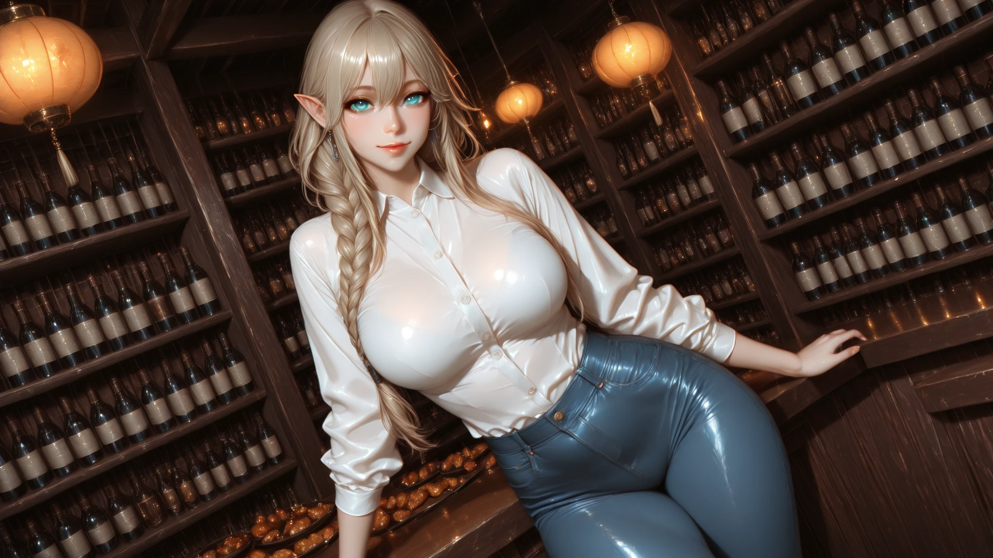 dynamic angle , Masterpiece , source  _game , OK , women , Full  , anatomically correct , sharp focus , 2 ., 4K , 8 K , cinematic shadow , perfect light , her face beautiful girl , extreme detail , right detail , perfect detail , paintmagic style , Masterpiece、best quality、anime style、curvy body , cute and  ,  , soft shadows , clean lines , delicate fabric highlights and soft leather gloss , practical sale blonde braid(long waist , natural drop) Tied high ,  shirt , aprons , pointy ears , smile , blue-eyed , jeans Carry food , counter stand , looks at the viewer , Japanese IZAKAYA style interior , lantern , Spikes entangled in columns , shelf with glowing sake bottles , cinema light , brilliant color , shadow detail , soft background focus , cute but  copper tube style , shoot cowboy
