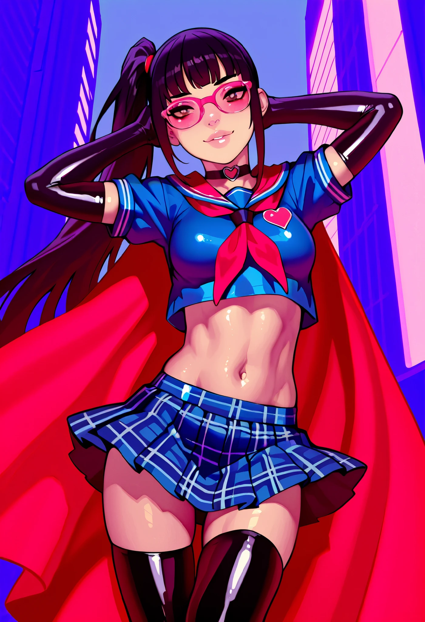 masterpiece, detailed_eyes, high_quality, best_quality, highres, absurdres, 8k, sdxl, anime, illustrious, anime illustration, painterly shading, cinematic lighting, clean lines, semi-real, vibrant colors, high detail, poster art, 1girl, ((superhero, flight pose, flying above city), (young model, youthful), skyscrapers, light skin, (Japanese girl), flowing red cape, billowing cape, red clothes, blue clothes, gold trim, superhero outfit, (latex serafuku), heart emblem on chest, heart emblem with brain texture, shiny tight top, blue top, pleated plaid skirt, long gloves, thigh-highs, (hip-length black hair), ((side-ponytail hairstyle, extremely long hair), (((side-ponytail))), bangs, medium breasts, (((pink glasses))), heart shaped choker, cheeky expression, emotive, dark brown eyes, dark hair, (mascara), belly button, exposed navel, ((petite, skinny)), fit, (slender frame, narrow shoulders), (perfect hands), perfect eyes, detailed, high contrast, (city background, detailed background), (as109), Faustsketcher