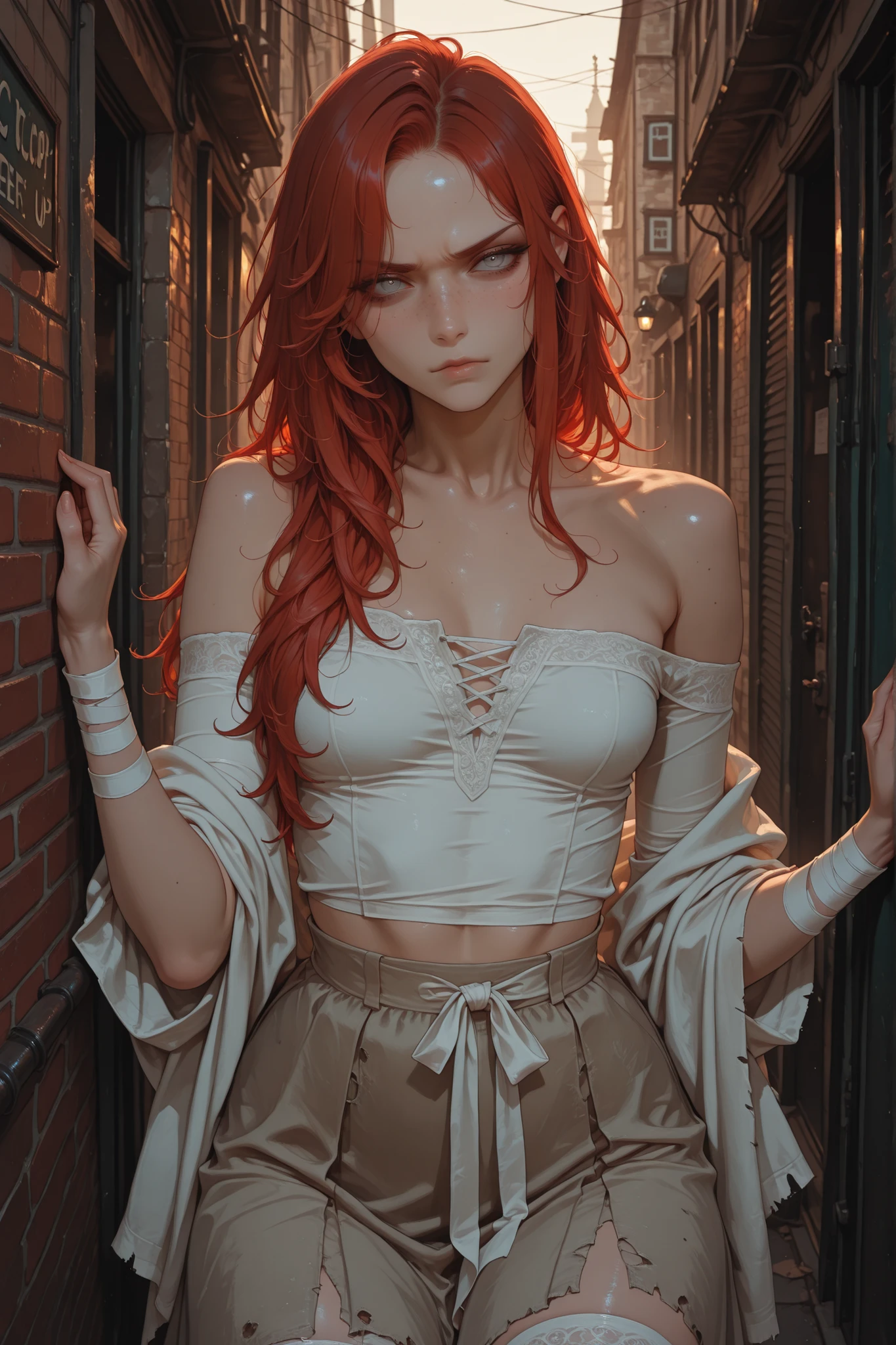 score_9, score_8_up, score_7_up, score_6_up, score_5_up, score_4_up, Label 1, Label2, quality_masterpiece, Anatomically correct, beautiful face, perfect face, Beautiful and highly detailed face, sexy Attractive face , Detailed Face,  Delicate Facial Features, detailed ,Very detailed & Beautiful and dazzling eyes, red hair, semi long hair, freckles, angry looking,  semi-long, unkempt blond hair is hastily tied back with a ragged strip of cloth. She wears a coarse, off-the-shoulder smock, frayed and patched at the elbows, over a simple, worn-out woolen skirt. Her stockings are darned and falling down, revealing bandages wrapped around her shins. A tattered shawl hangs from her shoulders. She stands timidly in the mouth of a dark, foggy alley, her expression weary. desaturated color palette, moody lighting, historical realism, 8k, young teen, small breasts, linen shirt, london alleyway, foggy alleyway, 