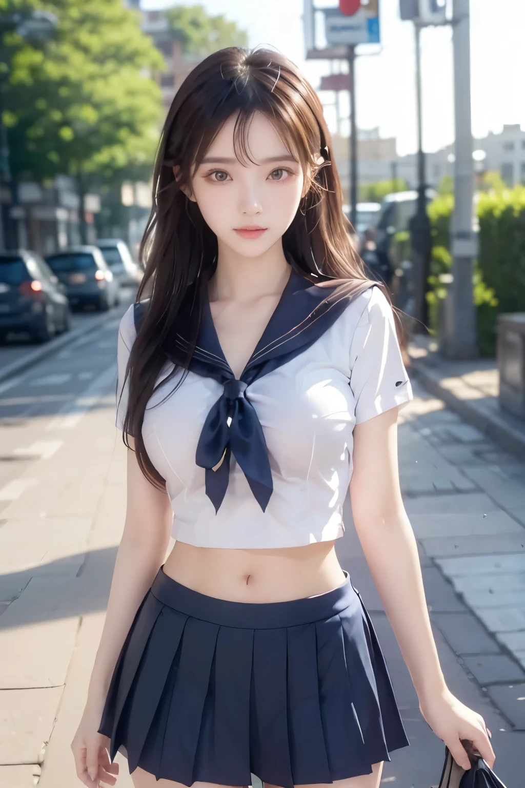 ( Super High Definition), (I'm looking over here), (school uniform:1.2, sailor suit, flared skirt), (Big Breasts:1.2), (Slimness:1.8), ( Read more:1.4), (thin thighs:1.4), ( thin hips:1.6), ( beautiful skin, shiny skin, white skin), (Super slim face, Super beautiful face, makeup, Smile :0.8), ( light brown hair, semi-long, layered cut , fluffy hair), ( big eyes:1.4, High corners of the eyes:1.6, double eyelids), (Thin eyebrows:0.1), ( small nose:0.6), ( thin lips:0.6), downtown