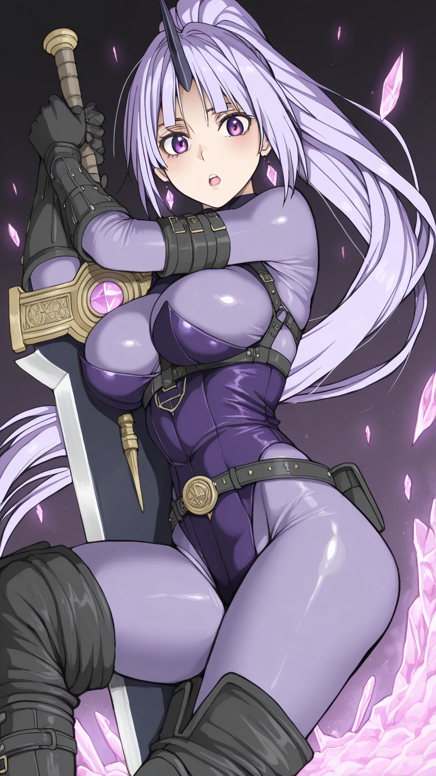 (((Best Quality))) , ((full body)), female, character design, solo, (white background), holding sword, gauntlets, waist armor, thigh high, side slit trench skirt, loincloth, fundoshi, blue, leotard, green, violet, brown, white, colorful outfit, vest, ???? arms, ????????, tactical vest, Bust Bodice,
