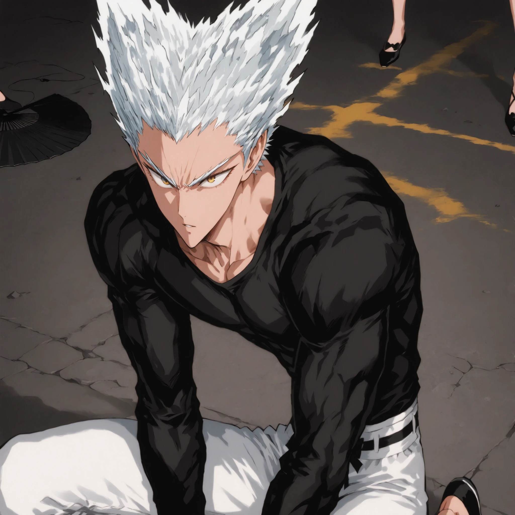 character features : 1 person, man, Appropriate Muscle Expression., One Punch Man Garou., Black Little Bow Seamless Ballet Flats., Good-fitting white jogger pants., yellow square straps tied roughly at the waist in the forward direction., Black long sleeve t-shirt that sticks., yellow eyes., neat white hair, subtle color shifts in hair, Short hair length ., young man, young adult ., handsome, Neat and tidy., Krenz Cushart and Asher Duran., Illustration based on Murata's drawing, fan art., bright, delicate facial expression, Accurate Physical Expression, anime character., High quality animated art style, Detailed skin texture, Perfect Composition., Smooth gradation of tones, Detailed Fan Art , Full Color Illustration , Clean Line Drawing and Color, Great Character Design, dramatic contrast,masterpiece, best quality, ultra high resolution, UHD, intricate details, hyper detailed, finely detailed face and eyes.,
