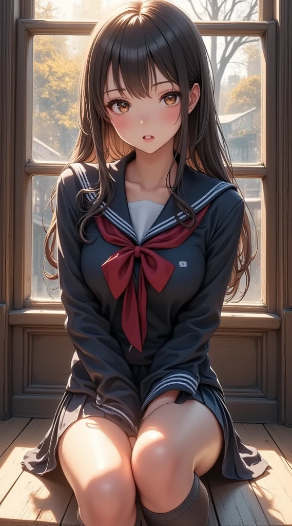 Pretty girl, Brown hair, brown eyes, period dress, she is surrounded by two shadows, one red and one black 