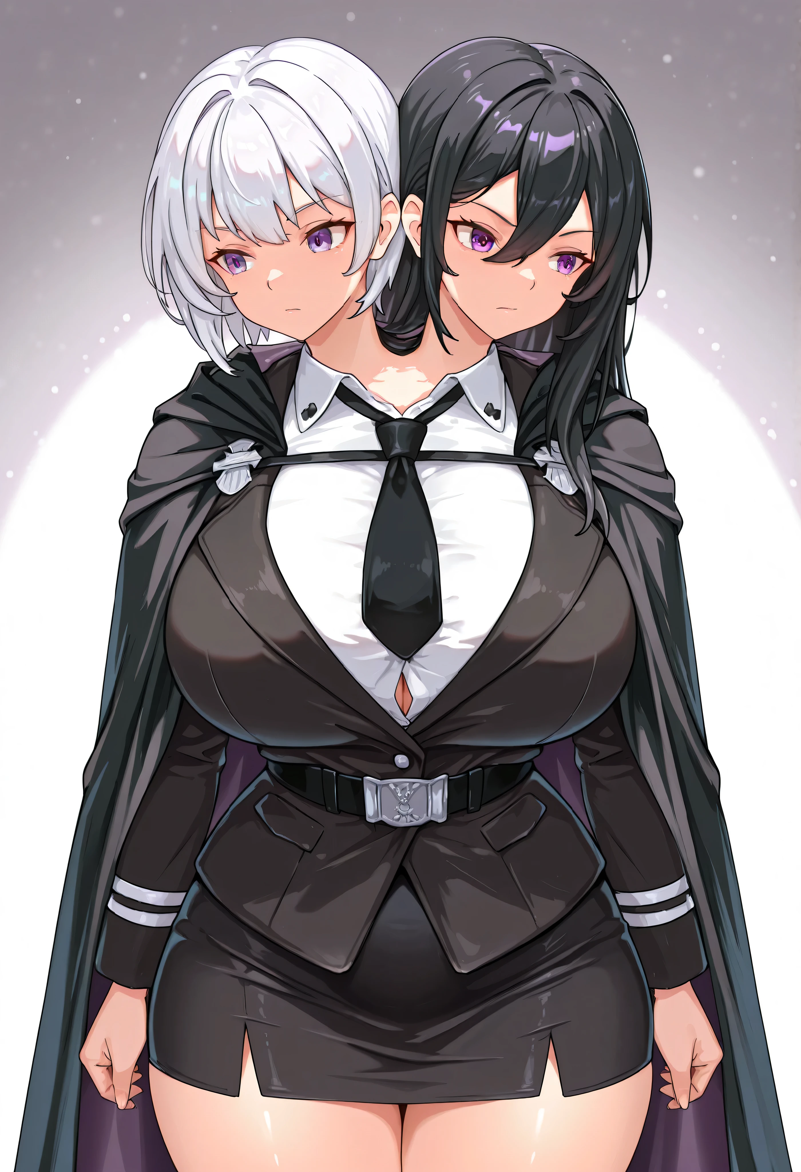 conjoined, 2girls, 2heads, two heads, a tall thin girls with 2 heads, black hair, white hair, purple eyes, short hair, long hair, white shirt, black suit, black pencil Skirt, military uniform, black Cloak, black necktie, huge breasts, front shots, thighs, upper body,
