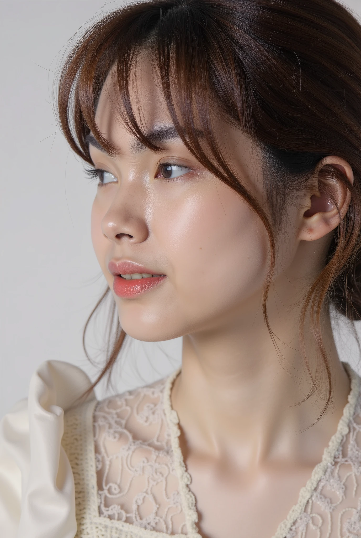 A side Profile photo S+R closeup woman face detail texture skin . Aside pose