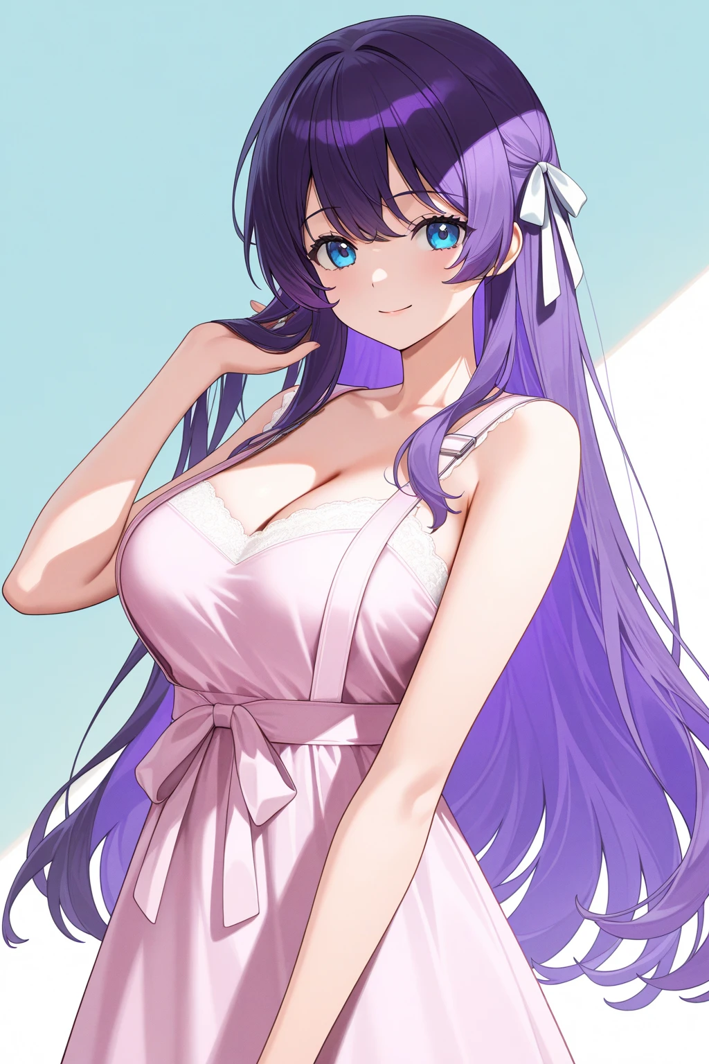 masterpiece, best quality, 1girl,
solo, BBFate, purple eyes, long hair, purple hair, hair ribbon, red ribbon, parted lips, jewelry, hand in own hair, cowboy shot, looking at viewer, frills, bare shoulders, necklace, breasts, sleeveless dress, :o, bare arms, dress, collarbone, cleavage, black ribbon, gem, armpits, red gemstone, sleeveless, arm behind back, frilled dress, white dress, ribbon, straight hair, very long hair
<lora:ChamBBIllustriousXL:1>