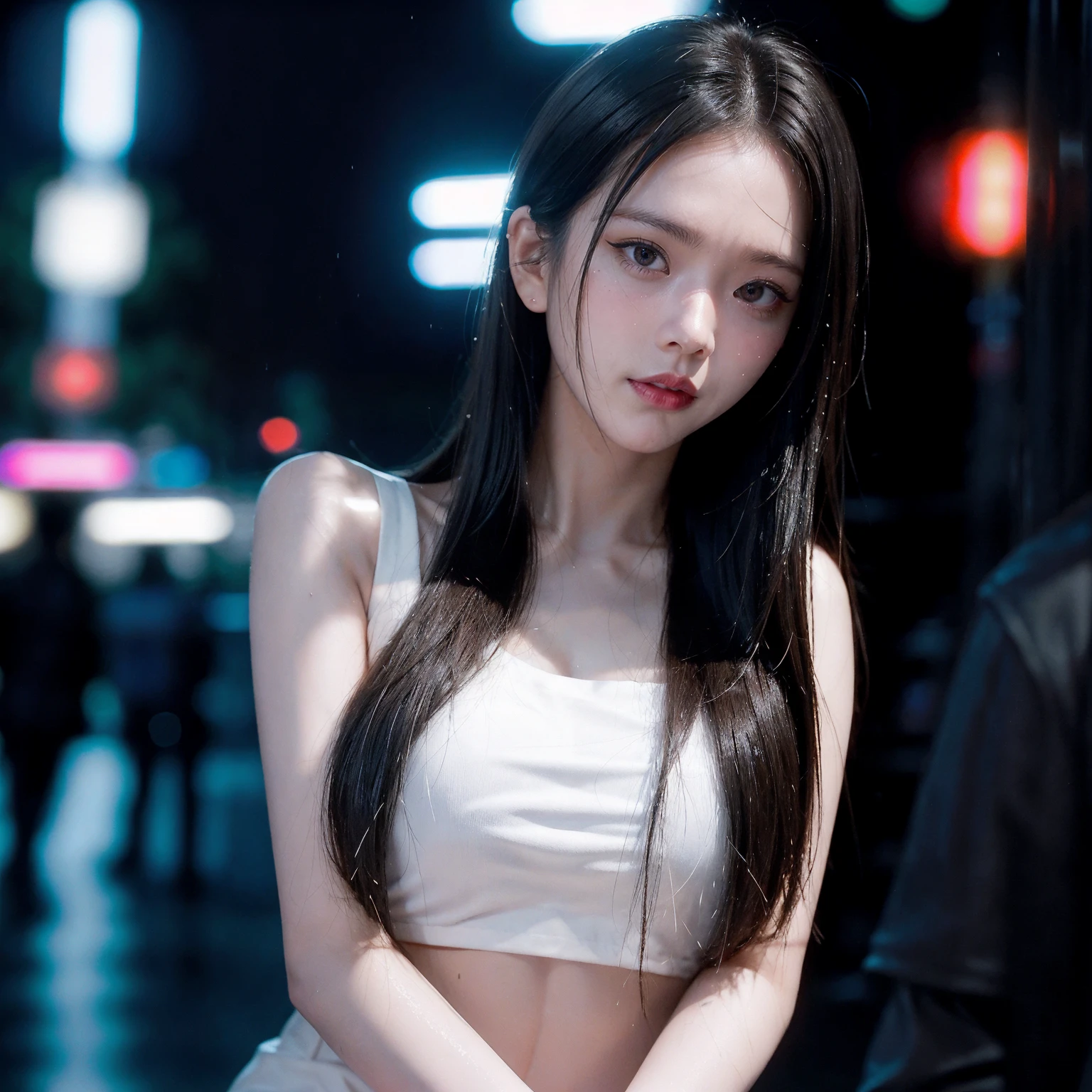 tmasterpiece,Best quality,A high resolution,8K,(Portrait),((Head close-up)),real photograph,digital photography,(Female scientists in sci-fi style),20 year old girl,Random hairstyles,By bangs,(Random Color Eyes),(Random-colored hair),A plump ,,Elegant and noble,Serious and indifferent,Open white coat,Black tube top ,rich details​,Keep your mouth shut,Intricate ornaments,Cyberpunk futuristic style,(Female scholars),white backgrounid,oc render reflection texture