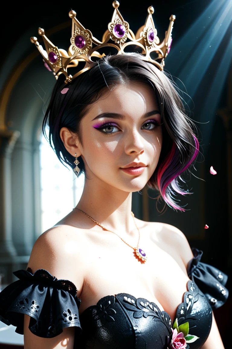 1girl, solo, dress, brown eyes, cleavage, pink dress, tiara, brown hair, gradient hair, purple hair, short hair, medium breasts, upper body, outdoors, sky, day, DynaPortrait_PDXL BREAK PonyXLV6_Scores