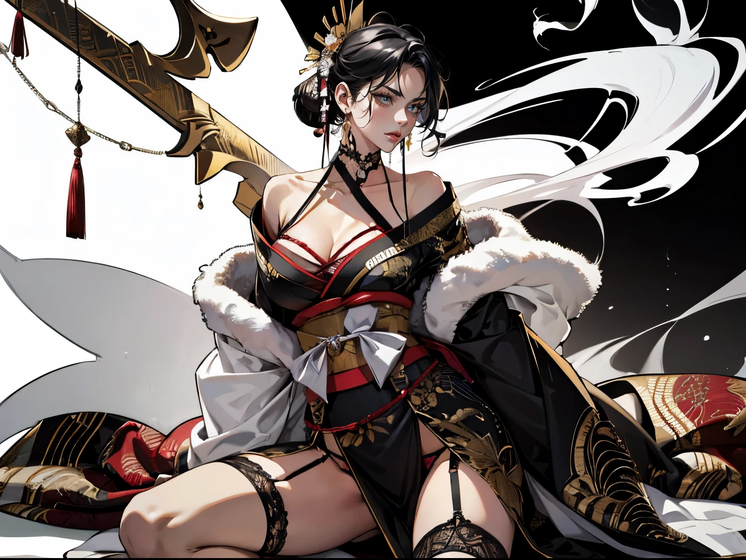 (absurdres, highres, super high resolution), with swords is trending at Art Station and Pixive, (solo), (1girl:1.5), ((white background))), ((( visible chest bone ))), (((Big breasts))), side slit skirt, Chinese Three Kingdoms dress costume, Hair Metal Ornaments, ((mesh)), Samurai girl, lingerie for beautiful women, garter belt, (((smoking 파이프))), ((smoking)), Kimono