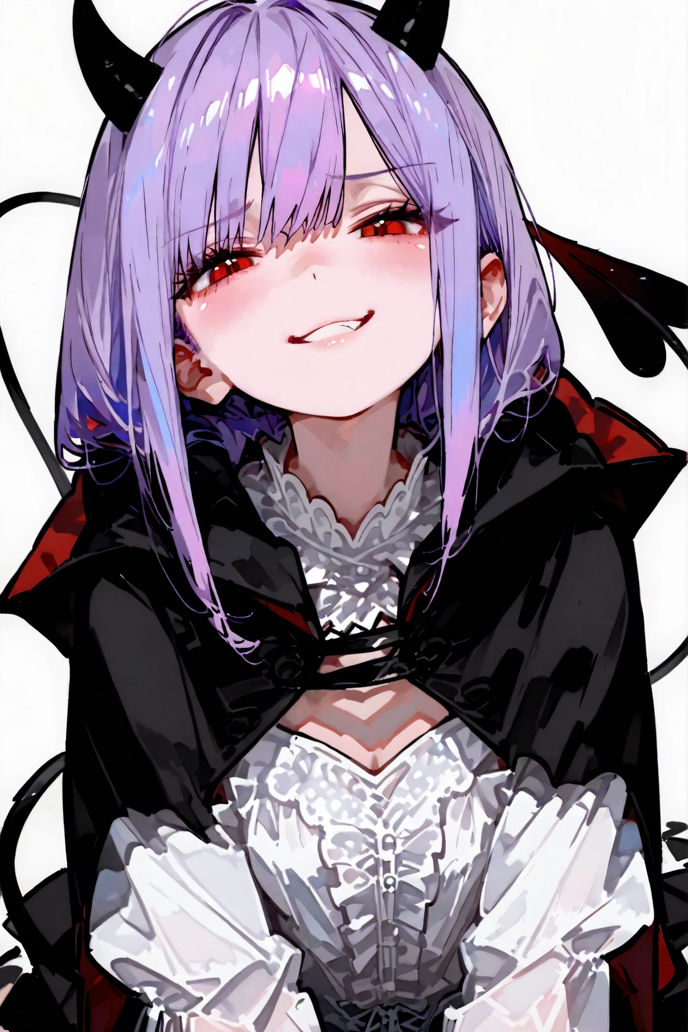 748cmstyle, masterpiece, clear line drawing, 2D, Best Animation Illustration, best quality, Detailed Eyes, girl, fantasy, long purple hair, kawaii, tsundere, red eye, black tiny horn, clumsy, cutie face, semi realistic, 8k, black cape, small demon tail, white blouse, smile, naughty, nervous emotion, solo charactor, looking at viewer