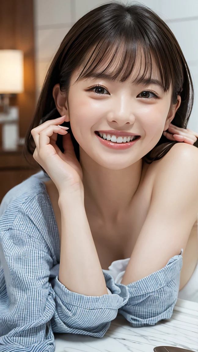 8K、High definition、Ultra Detail、Photorealistic、Realistic and accurate depiction、Realistic and accurate human 、High resolution、Highest quality、Japanese Beauty、Best Quality,フォトリアリスティックHigh resolution,Cute Woman,Beautiful detailed eyes,Beautiful detailed lips,Smiling,Laughing,Cute,enjoy,Happy smile,Magical moments,looking at the camera、A slender body、Happy expression、Visible dimples、Random medium hairstyles、22 years old、Show the whole body、Neat and cute clothes