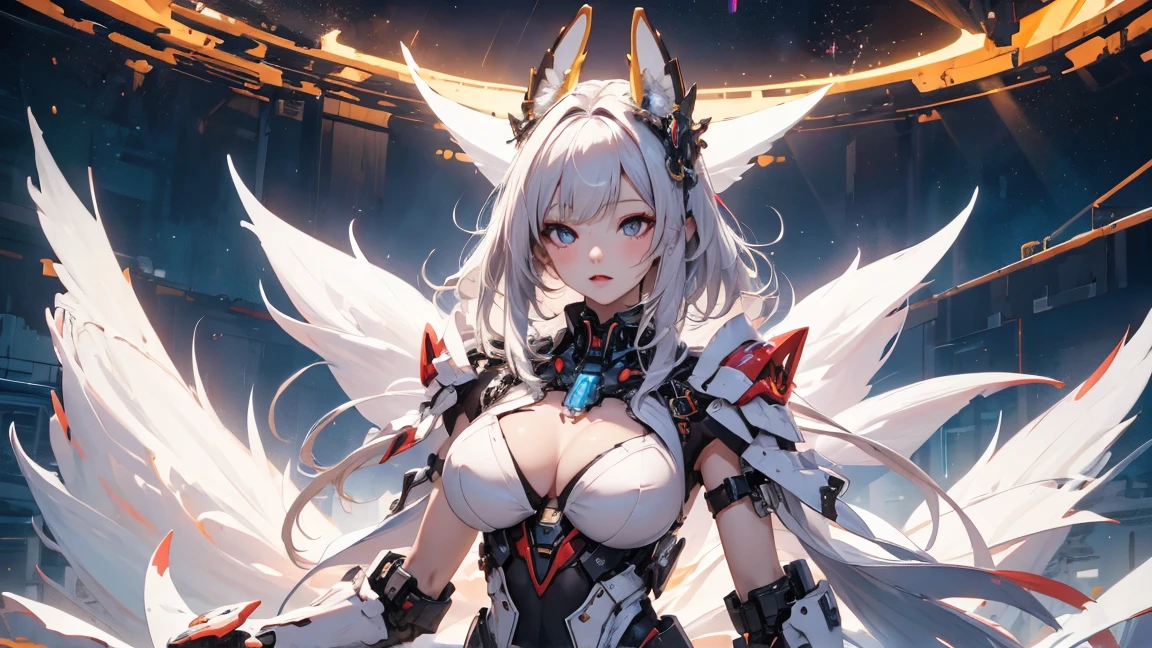 Highest quality, outstanding detail, super high resolution, (fidelity: 1.4), best illustration, favor details, close-up, a mecha girl with a delicate and beautiful face, ((red and white semi-mechanical body: 1.8)), (big breast: 1.2), sexy, belly button, cleavage, riding on a motorcycle, cyberpunk, futuristic, mechanical aesthetics, complex machinery, background is a high-tech lighting scene of the futuristic city, virtual engine 5, perfect detail rendering, octane rendering, ultra HD