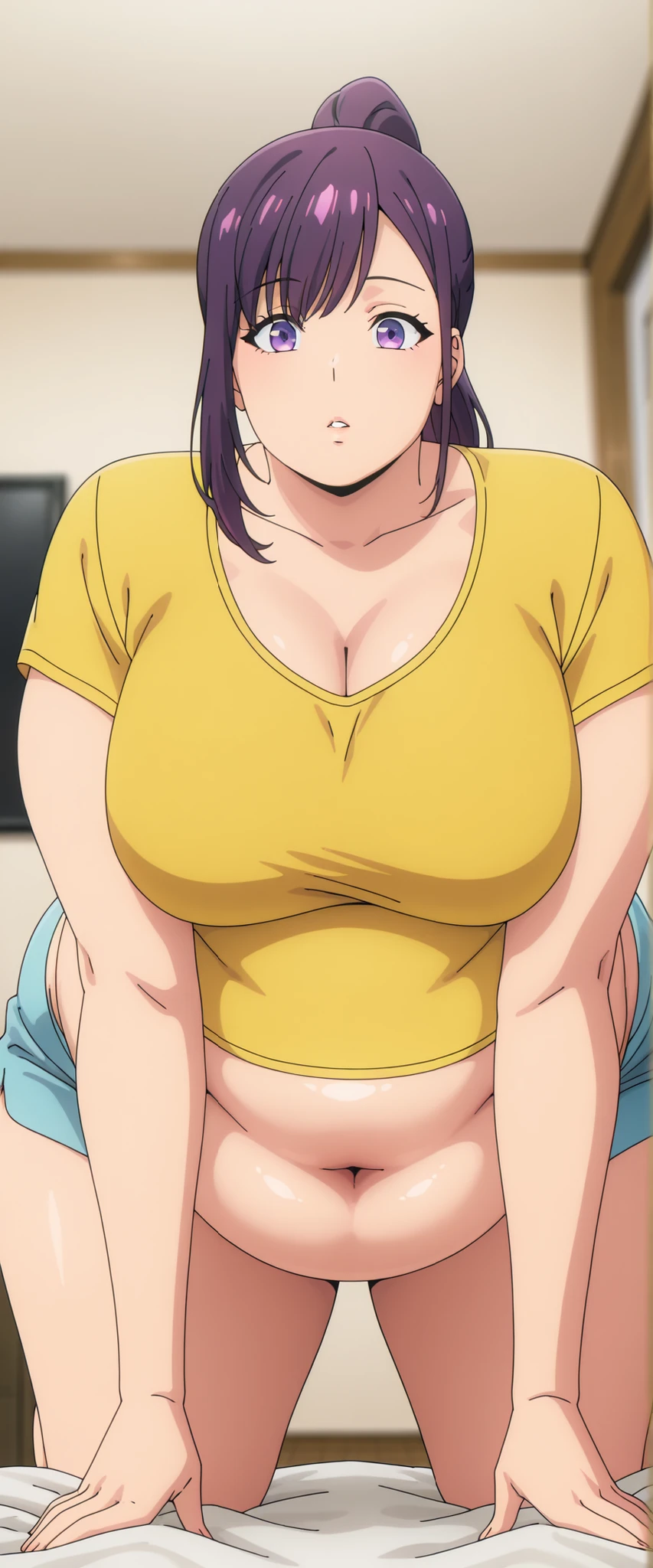 bloated belly,obese,fat,plump,WeightObese,anime screencap, masterpiece, best quality,
1girl, solo, parted lips,
purple hair, purple eyes, high ponytail,
JinahHome, t-shirt, yellow shirt, blue shorts, cleavage, medium tight breasts, standing pose look at closing view,
all fours, looking at the viewer,
indoors, living room, blurry background