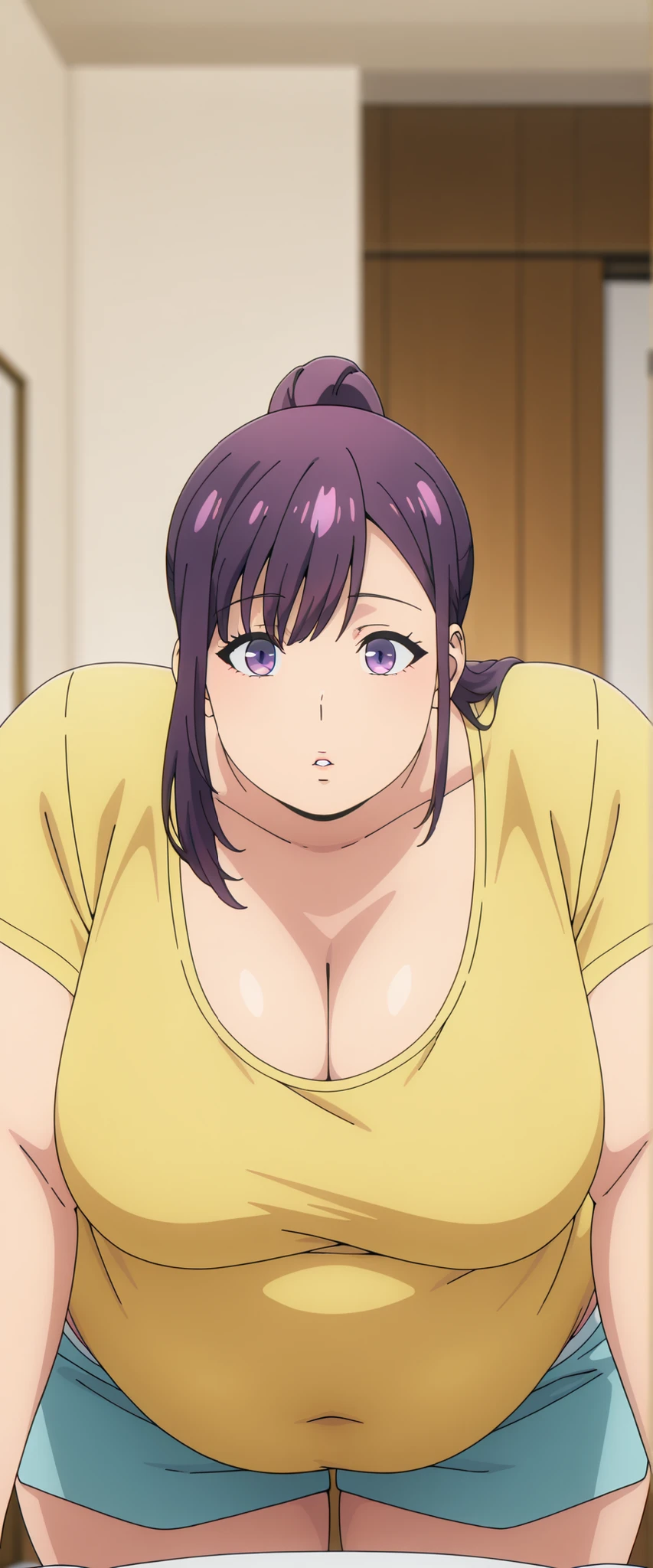 bloated belly,obese,fat,plump,WeightObese,anime screencap, masterpiece, best quality,

1girl, solo, parted lips,
purple hair, purple eyes, high ponytail,
JinahHome, t-shirt, yellow shirt, blue shorts, cleavage, medium tight breasts, standing pose look at closing view,
all fours, looking at the viewer,
indoors, living room, blurry background