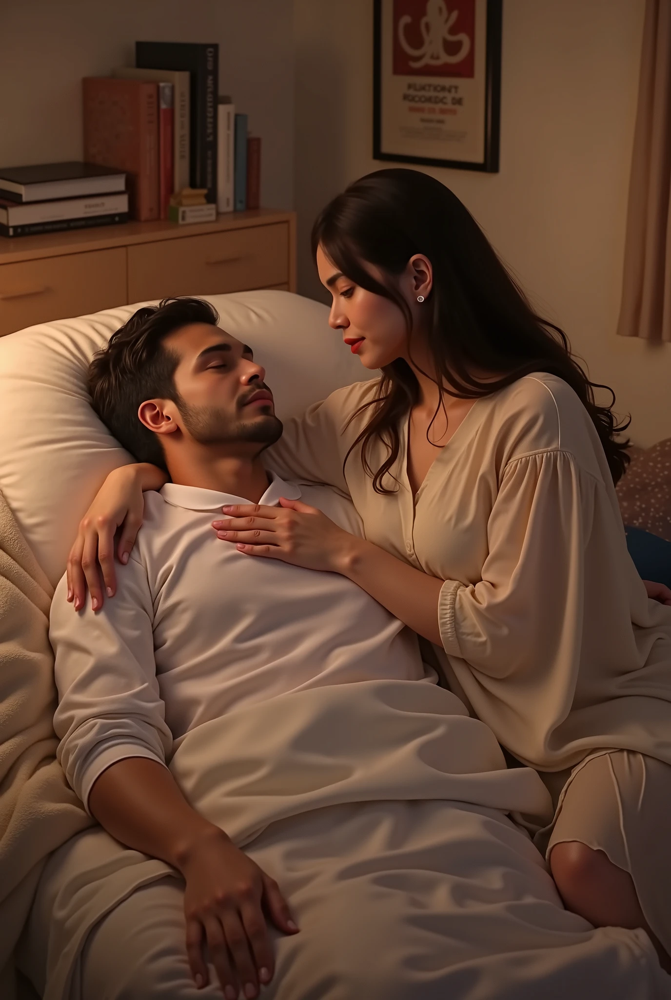:
"A peaceful scene of a man resting his head on a woman's lap. The woman sits gracefully on a cozy couch, gently running her fingers through his hair with a serene and caring expression. The man has his eyes closed, appearing relaxed and comforted., and the setting is softly lit with warm, ambient lighting. The background features a calm, homely atmosphere with books, a warm blanket, or a softly glowing lamp, enhancing the sense of tranquility and affection."