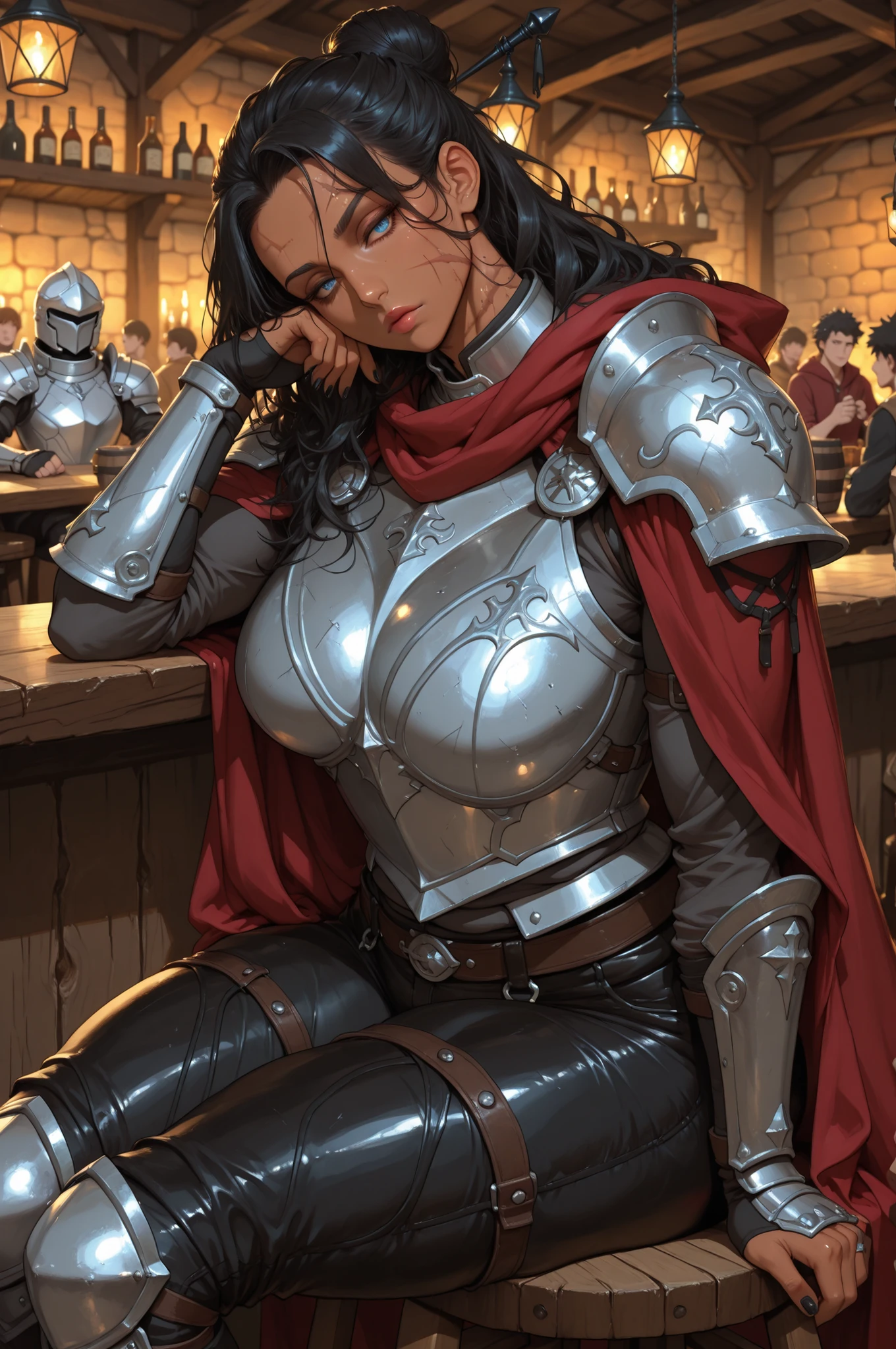 safe_pos, score_9, score_8_up, score_7_up (zPDXL3)  Stable_Yogis_PDXL_Positives,  BREAK (inside:1.2), tavern, people, ale,

1MILF, mature woman, solo, tall, (dark_skin_tone:1.3), muscular body, plump_ass, (face_scars:1.3), messy_hair, long_hair, black_hair, messy_hair_bun, muscular_arms, black nails, stern_expression, narrow_eyes, head_tilt, blue_eyes, sitting_on_stool (ale_in_hand), (full_body_Silver_armor:1.3) (Red_armor_trims), pauldrons, vambraces, leather_trousers, leg_armor, thigh_armor, greeves, red_cloak, looking_down_at_viewer. bottom_view, , Mature looks, MILF, 8k, (masterpiece) Expressiveh