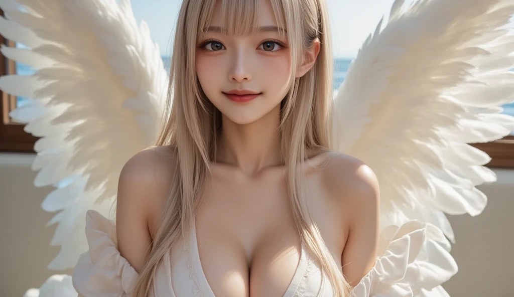 （(Only blue sky and clouds on background:1.8)）、（(sky ring of angels above your head:1.8)）、（(Stand on the clouds:1.5)）、（(cowboy shot:1.5)）、（(bangs:1.6)）、（(Photo from below:1.2)）、（(1 girl:1.8)）、（(solo:1.8)）、break（(slender body:1.2)）、（(Moderate:1.2,Cleavage 1.2)）,break（Wearing a white fur coat:1.5,white tight mesh dress:1.5）,break（large white angel wings on the back:1.5）、（(Stand on the cloudsポーズ:1.5)）、Photo from the front:1.5、8k wallpaper、Super high resolution,break（(photorealistic stick:1.4)）,table top,highest quality,perfect lighting,detailed lighting,dramatic light and shadow,ray tracing,break（perfect ???????:1.4）、（(looking at the viewer)）、detailed face、detailed eye、detailed clavicle、skin that looks real、break（20-year-old）、（(laughter:1.1)）、（(Silver semi-long:1.5,Braiding the head:1.3)）、（aqua blue eyes、eyeliner、red lips）