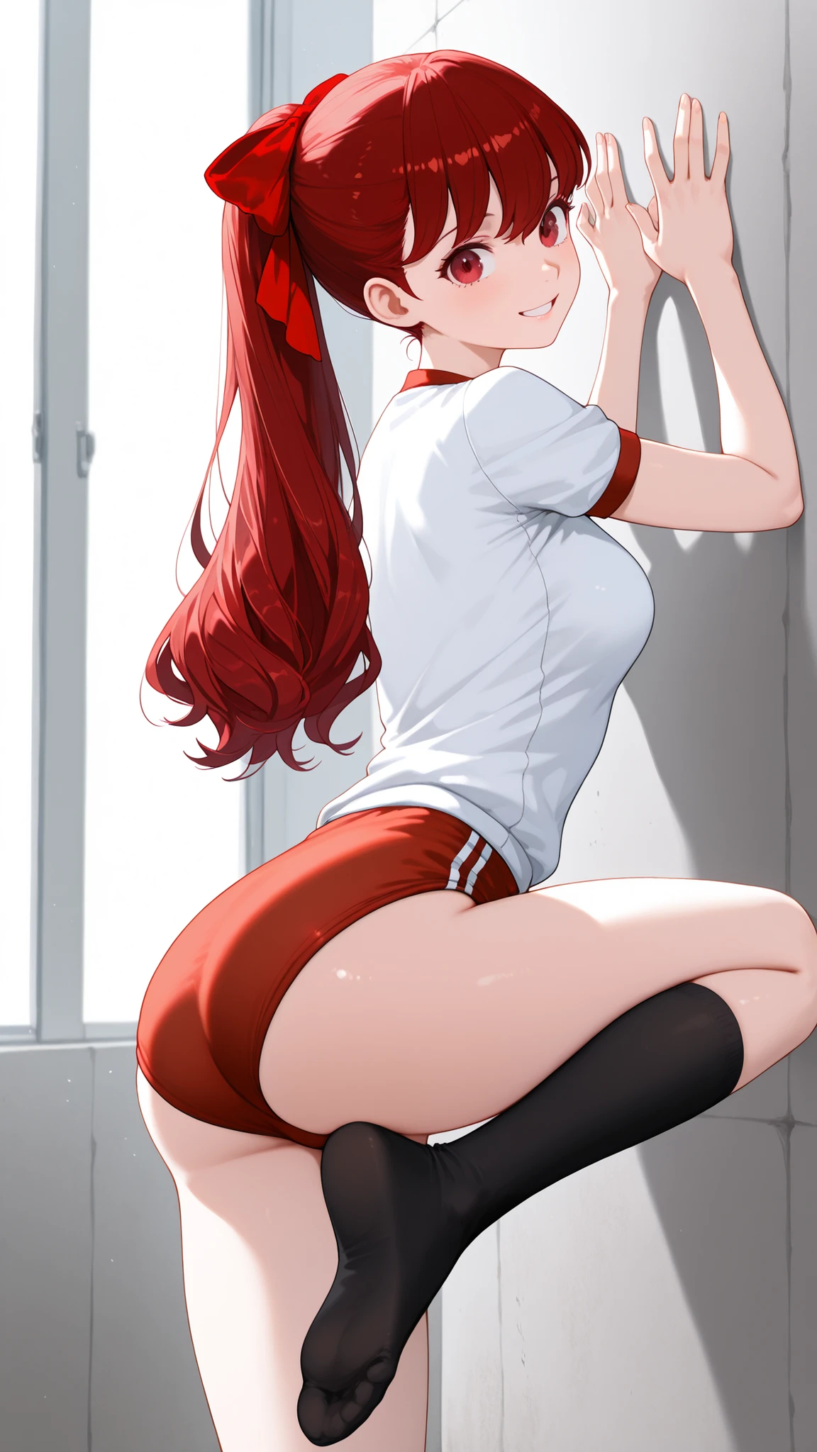 1 Girl,Kasumi Yoshizawa,Side shot from an oblique bottom:1.5,butt sticking out,soft iris grow:1.3,black middle socks,masterpiece,full shot,Long Shots,Beautiful Red Gradated Eyes,Seen diagonally from the front,soft color,((happy smile:1.4)),Open His Mouth,((perfect red buruma:1.4)),smooth texture from outside Europe:1.3,(),photorealistic:1.4,throw,(C cup), Red Eyes,Bang,赤い髪, middle ponytail,middle hair,(red hair bow :1.7),(red and white short sleeve gym clothes:1.3),(Black High Socks),concrete wall,((hands on wall:1.4)),bends elbows,Bend one leg and grab your toe,soft:1.3,Highest Quality, AMAZING QUALITY, very aesthetic, very high resolution, Waist,Newest, slender:1.7,small hip,((Beautiful Women)),((((low contrast:1.5))),low contrast:1.2,volume lighting:1.6,