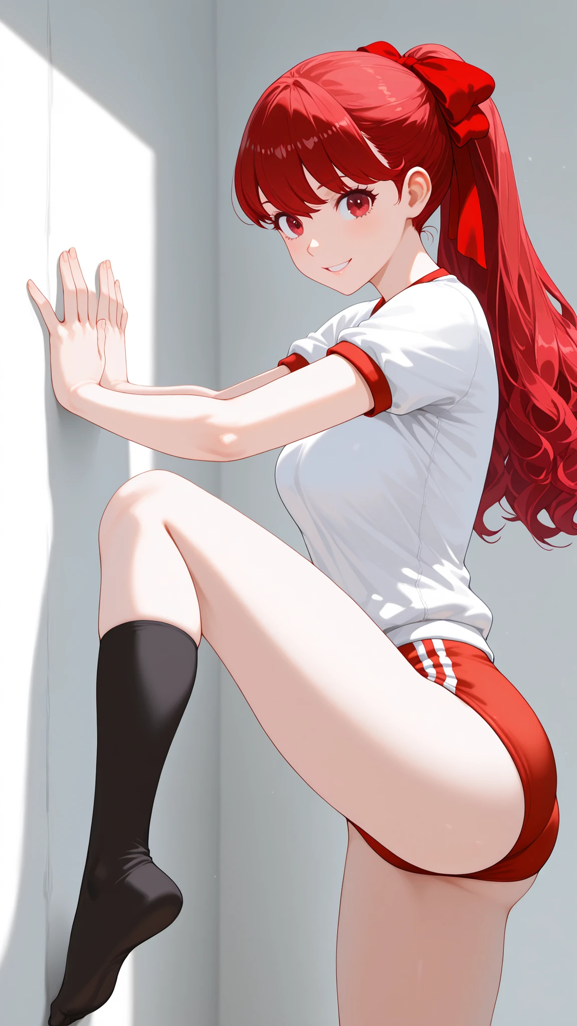 1 Girl,Kasumi Yoshizawa,Side shot from an oblique bottom:1.5,butt sticking out,soft iris grow:1.3,black middle socks,masterpiece,full shot,Long Shots,Beautiful Red Gradated Eyes,Seen diagonally from the front,soft color,((happy smile:1.4)),Open His Mouth,((perfect red buruma:1.4)),smooth texture from outside Europe:1.3,(),photorealistic:1.4,throw,(C cup), Red Eyes,Bang,赤い髪, middle ponytail,middle hair,(red hair bow :1.7),(red and white short sleeve gym clothes:1.3),(Black High Socks),classroom wall,((hands on wall:1.4)),bends elbows,Bend one leg and grab your toe,soft:1.3,Highest Quality, AMAZING QUALITY, very aesthetic, very high resolution, Waist,Newest, slender:1.7,small hip,((Beautiful Women)),((((low contrast:1.5))),low contrast:1.2,volume lighting:1.6,