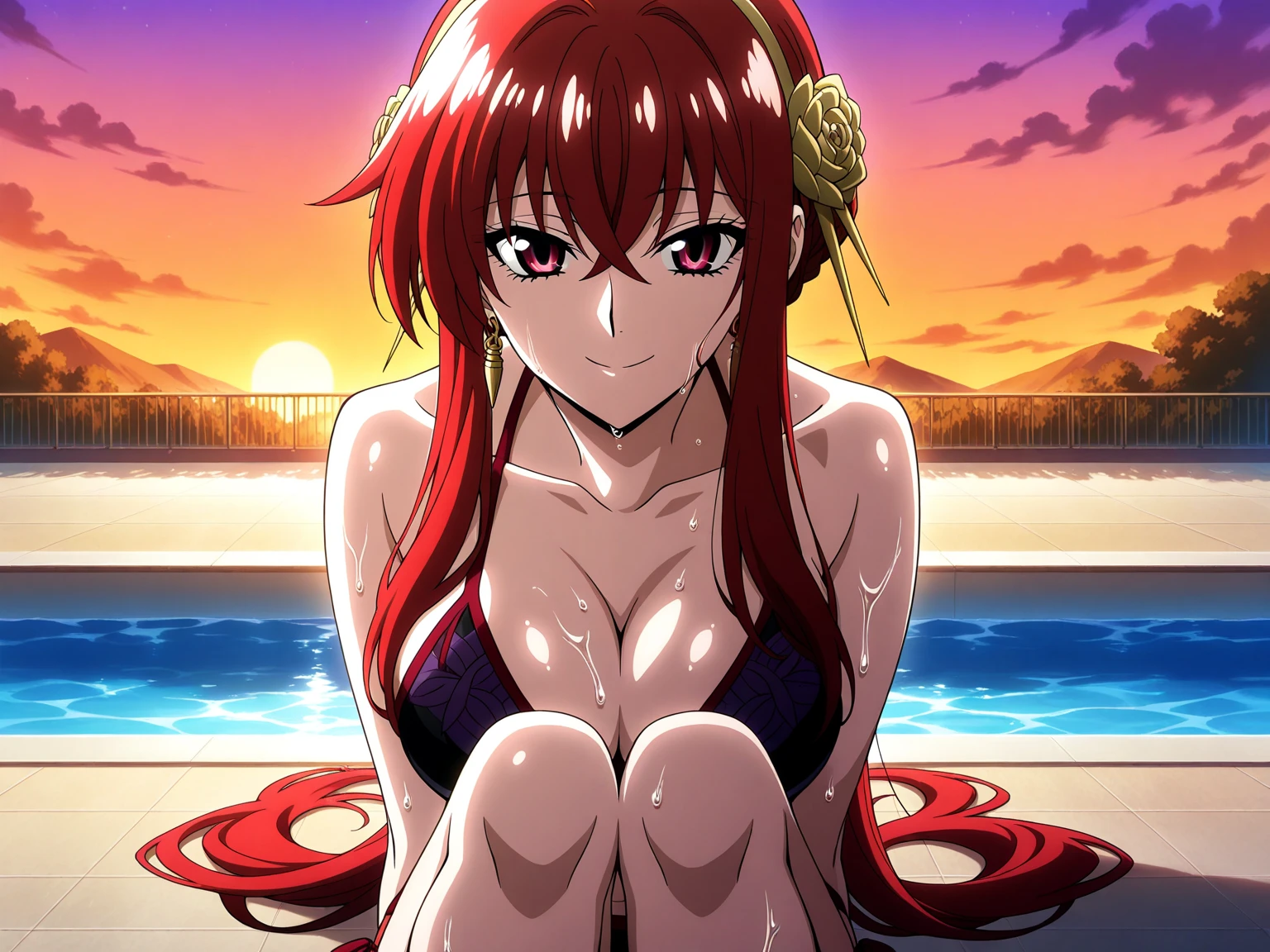 lacus4, (1 girl), (sleeping on FLOOR, laying down, closed eyes), (masterpiece, double , red boots, (very slim shoulders), 4K, Best Quality, Anime style: 1.9, happy, Adult Woman, (ultra detailed head), Drawing lines, high resolution, lacus4), 1girl, Solo, curvy figure, Long hair, 鎖骨, scapular, (Detailed wide hair bangs, detailed Hair Ornament, Detailed reddish-pink hair, shiny streaks, slim arms, detailed golden crest), cleavage, large hands, (hair cover shoulders). (Big blue eyes, shiny eyes), ((female wrestler, (slim body), slim arms)), ((perfect proportions, medium breasts, long belly)), (red bikini, red arm band, neck band))), smile, (hot colors), detailed fingers, ( shoulders)