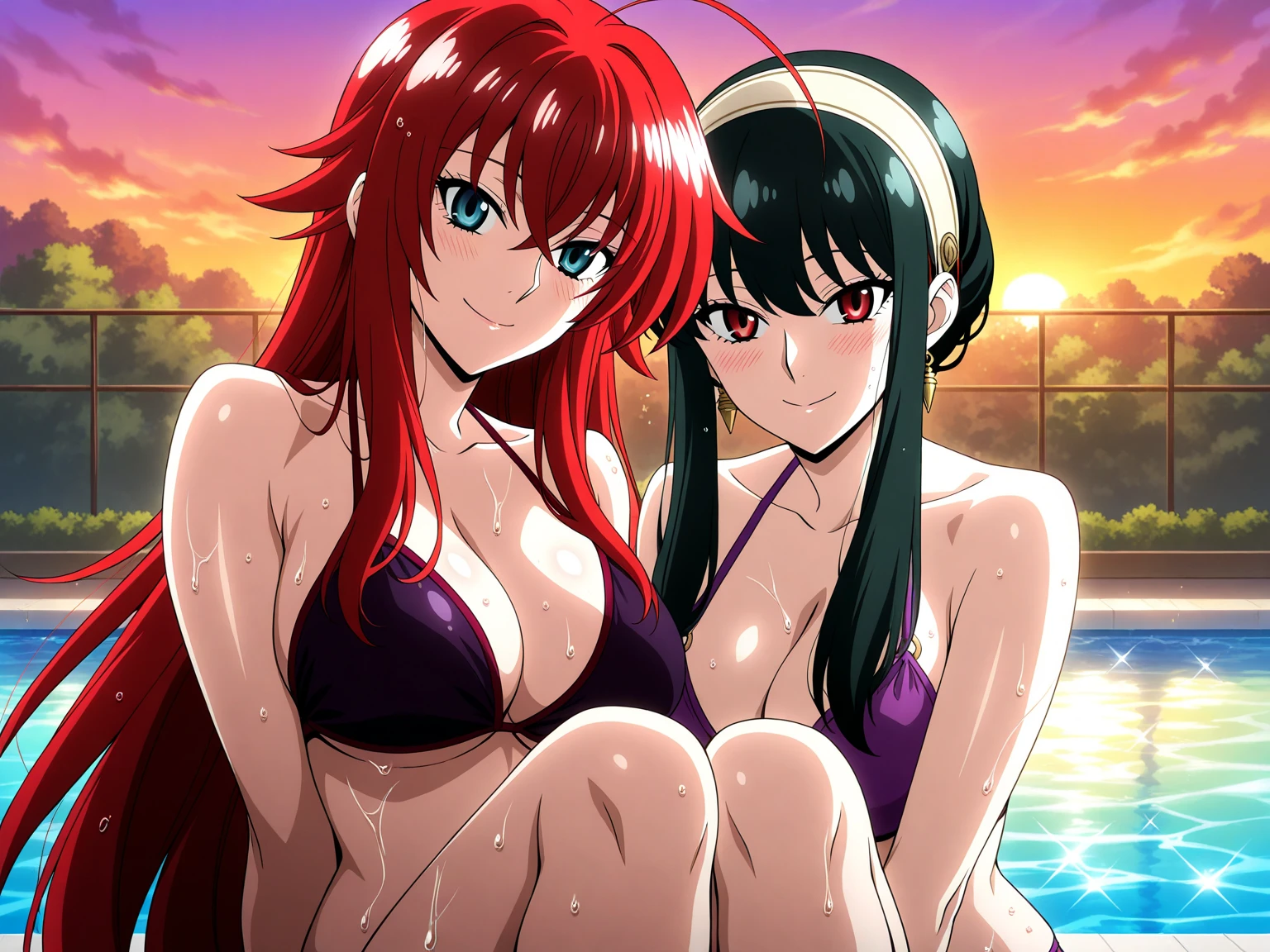 Two milf women sitting in swimming pool, completely ????, smoking cigarettes, puffing out smoke, ????, curvy, thick, wide ????, ????????????, sagging ???????, thin waist, voluptuous, thick thighs, thicc