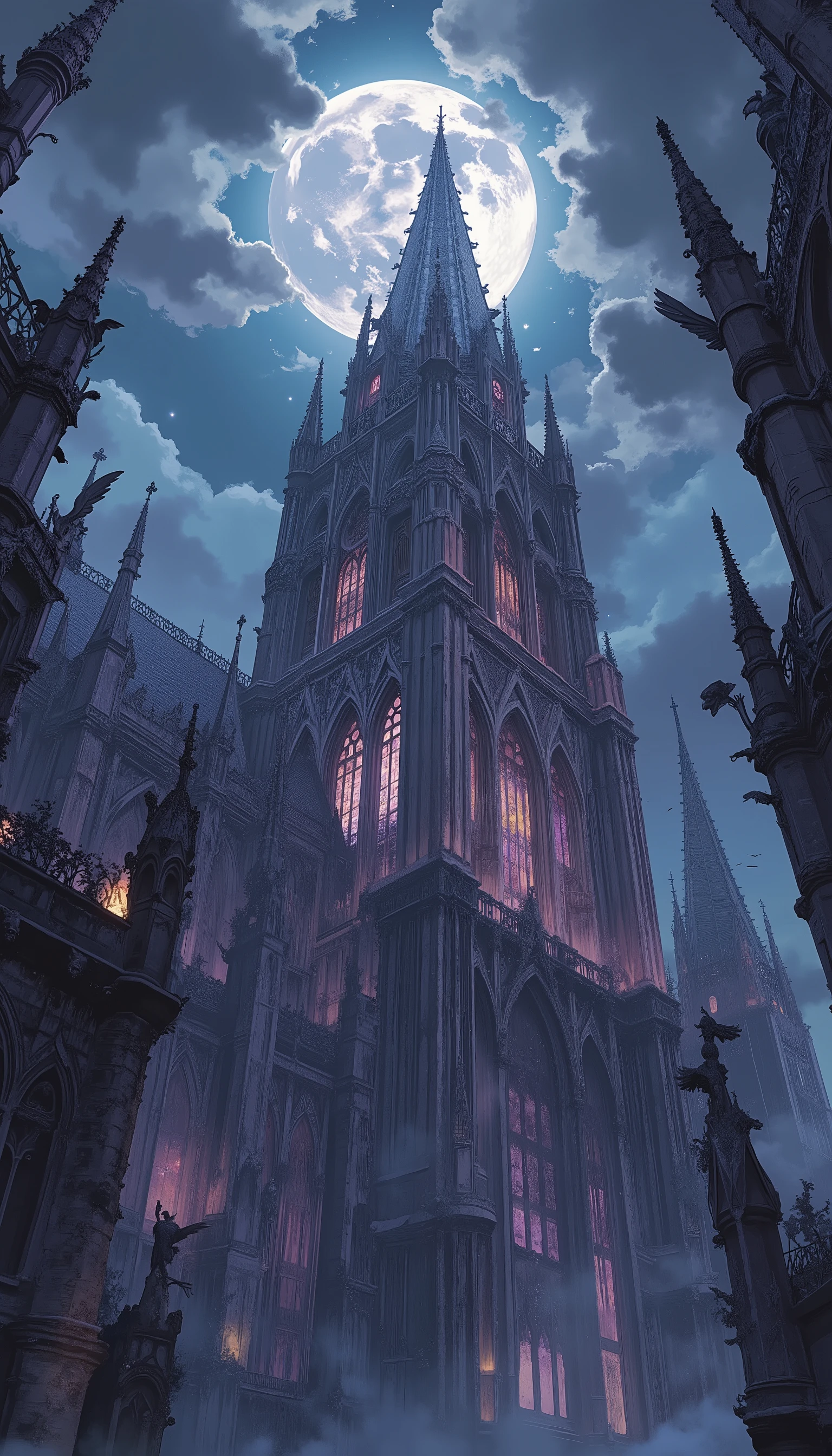 ((masterpiece:1.3)), ultra-detailed 8K, cinematic anime style,
((gothic cathedral:1.6)) viewed ((from below:1.5)),
((full moon:1.4)) behind ((storm clouds:1.3)),
gargoyles on spires, stained glass glowing faintly,
((pastel tones:1.4)) in muted purples, blues and silvers,
BREAK
((cinematic lighting:1.5)), ((volumetric moonbeams:1.3)),
((shallow depth of field:1.2)), ((sharp focus on spires:1.3))