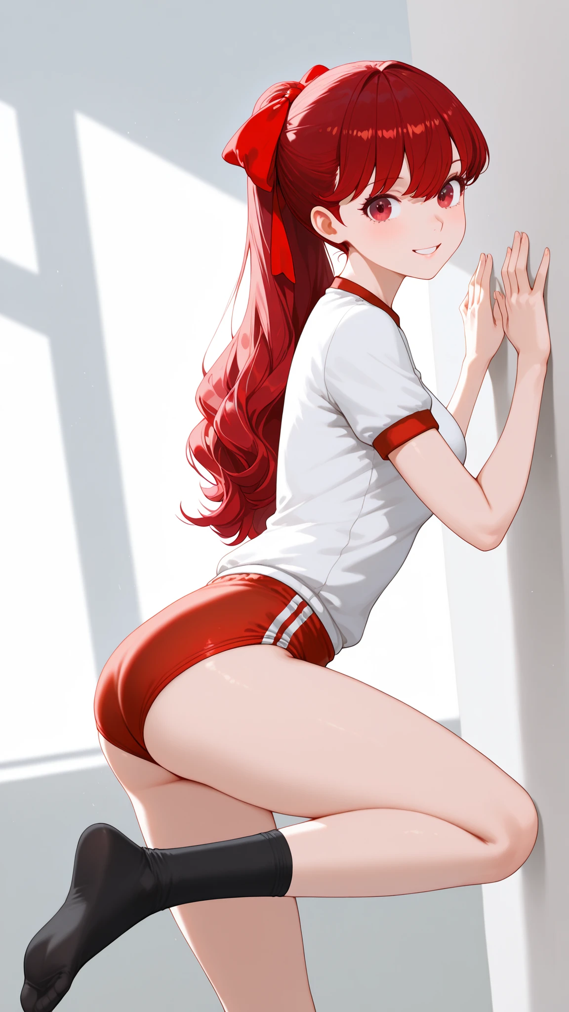 1 Girl,Kasumi Yoshizawa,Side shot from an oblique bottom:1.5,butt sticking out,soft iris grow:1.3,black middle socks,masterpiece,full shot,Long Shots,Beautiful Red Gradated Eyes,Seen diagonally from the front,soft color,((happy smile:1.4)),Open His Mouth,((perfect red buruma:1.4)),smooth texture from outside Europe:1.3,(),photorealistic:1.4,throw,(C cup), Red Eyes,Bang,赤い髪, middle ponytail,middle hair,(red hair bow :1.7),(red and white short sleeve gym clothes:1.3),(Black High Socks),classroom wall,((hands on wall:1.4)),bends elbows,Bend one leg and grab your toe,soft:1.3,Highest Quality, AMAZING QUALITY, very aesthetic, very high resolution, Waist,Newest, slender:1.7,small hip,((Beautiful Women)),((((low contrast:1.5))),low contrast:1.2,volume lighting:1.6,