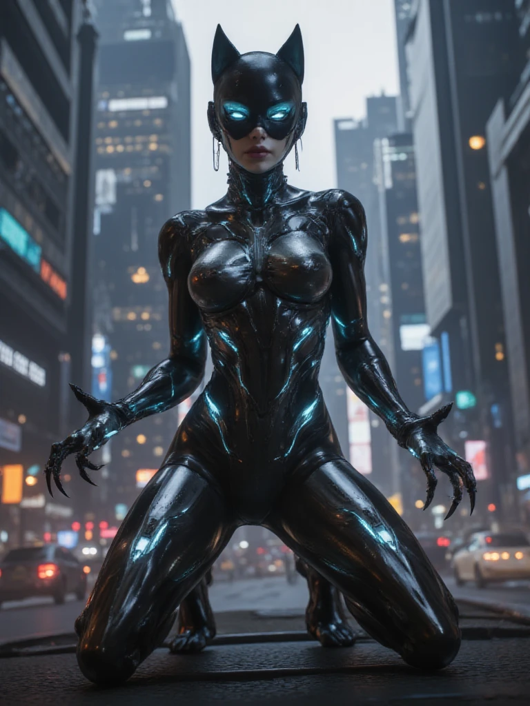 (masterpiece, best quality:1.2),  catwoman, 1girl, solo, breasts, (cat ears, goggles, goggles on head), black , night, center opening, unzipped, open , green eyes, blurry background, perfect hands, perfect fingers,  outfit, (muscular, thick thighs:1.4), upper body view, small breasts