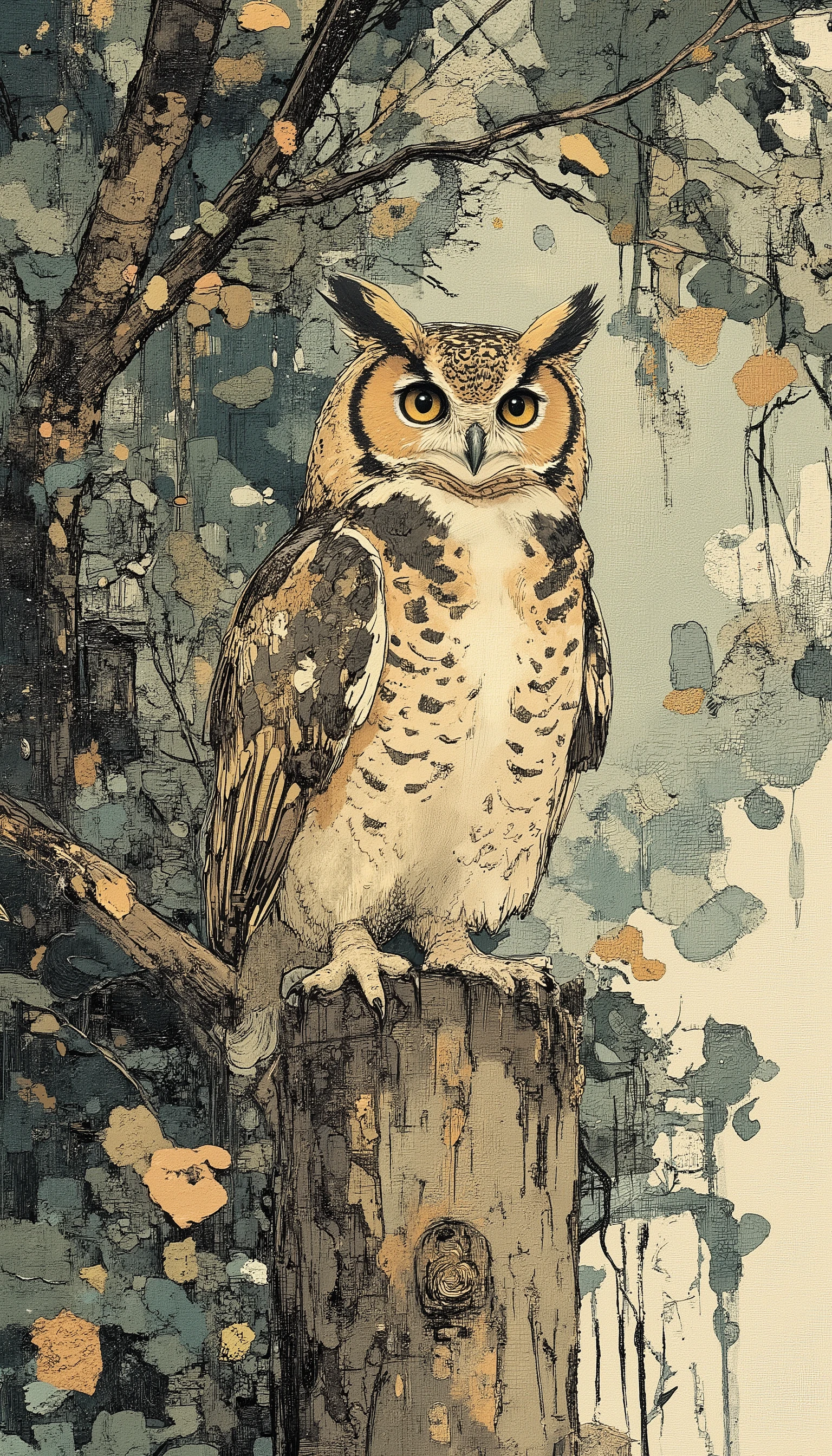 ((masterpiece:1.3)), ultra-detailed 8K, ((stylized painted sketch:1.6)),
((owl perched on tree trunk:1.5)), ((loose brush strokes:1.4)),
((dense foliage background:1.3)), soft charcoal shading,
muted earthy tones, subtle pastel highlights,
BREAK
((cinematic lighting:1.4)), ((shallow depth of field:1.2)),
((sharp focus on owl:1.3)), ((dreamy atmosphere:1.2))