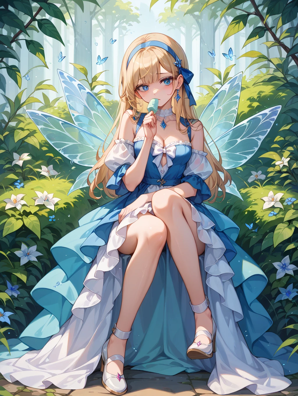 (masterpiece:1.2), (Best quality:1.2), (highres:1.2), (scenary:1.2), Dynamic light, 4k, 8k, 1girl, blonde hair, blue eyes, very long hair, wings, chibi, fairy dress, cute, adorable, blue theme, (Sitting in high place:1.2), Crossed legs,  legs, Feet, hand on own , cute, adorable, (Underwater scene), aquarium, fish, dynamic light, dark floor, light  , Magic, solo, anime wallpaper,