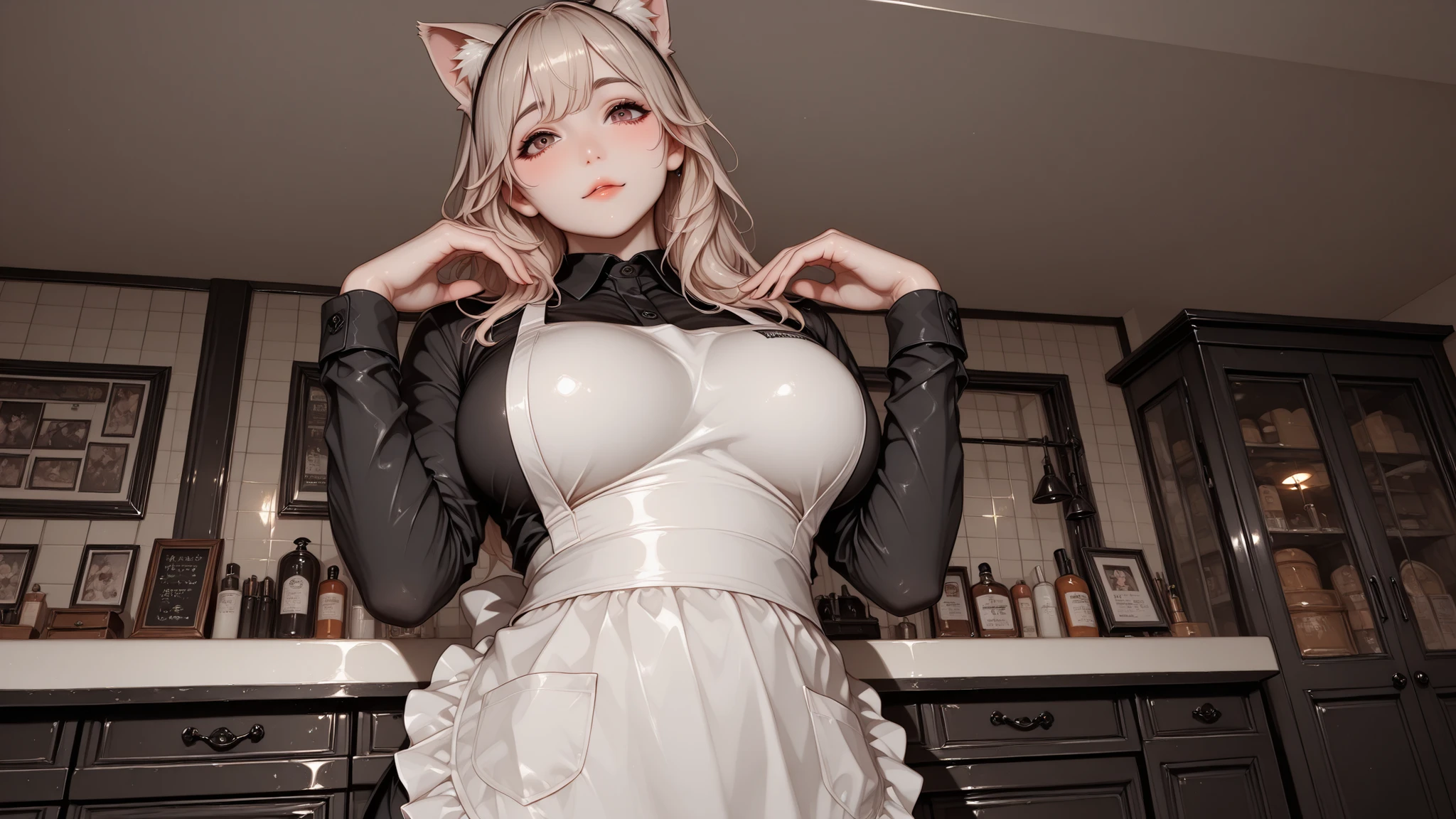 solo, Top Quality, like photo, ultra high resolution, Cat Ears With Full Boobs, Wearing a Tight Apron, proud expression, Modern Barber Shop Furniture, is professional,soft cat ears 
