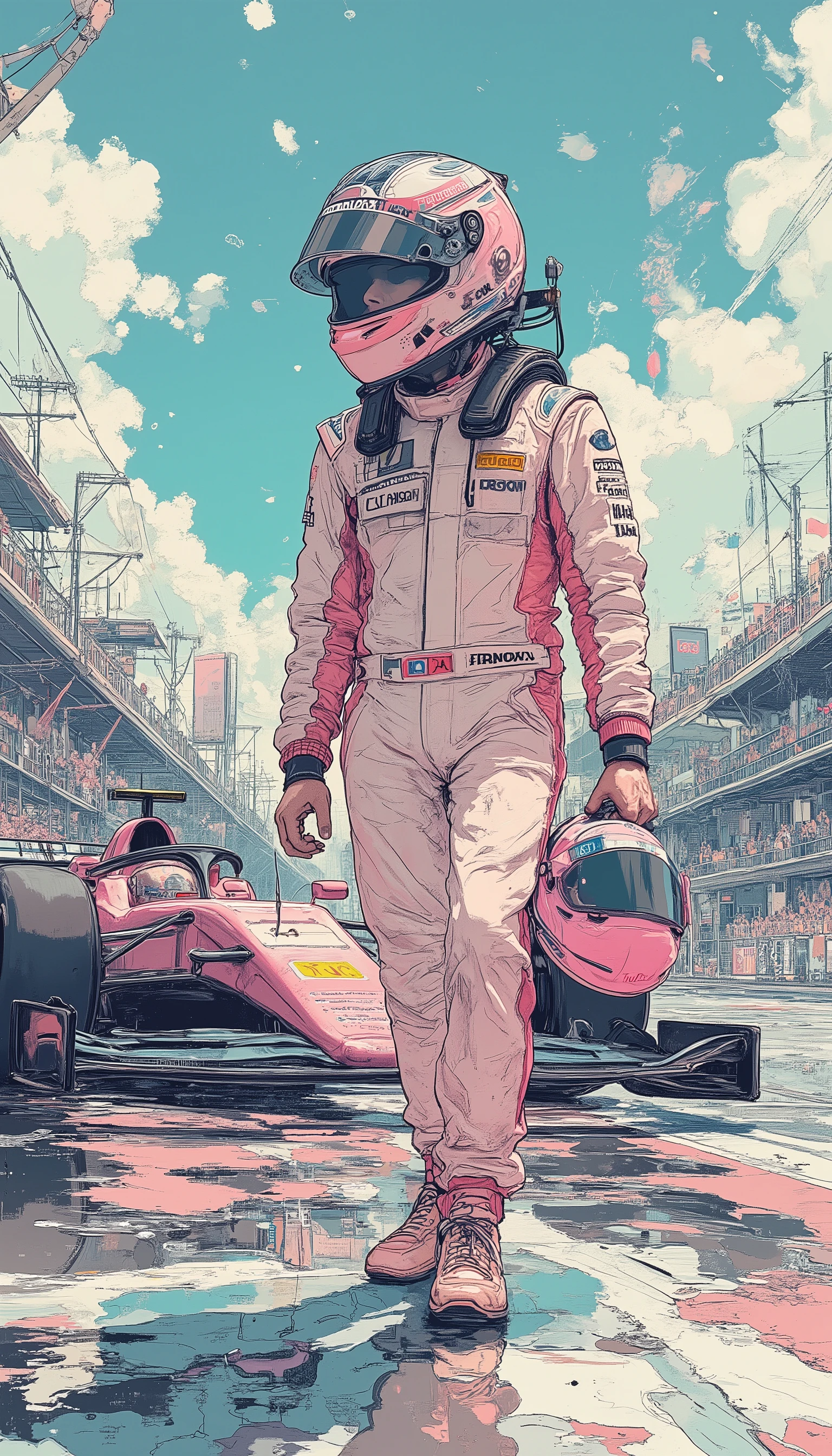 ((masterpiece:1.3)), ultra-detailed 8K, cinematic anime style, 
((Formula 1 driver:1.6)) stepping down from car, 
((helmet in hand:1.5)), ((racing suit:1.4)), 
((F1 car right behind:1.5)), 
((pastel tones:1.4)) in soft pinks, blues and mint, 
BREAK 
((cinematic lighting:1.4)), ((shallow depth of field:1.2)), 
((sharp focus on driver:1.3)), ((dreamy atmosphere:1.2))
